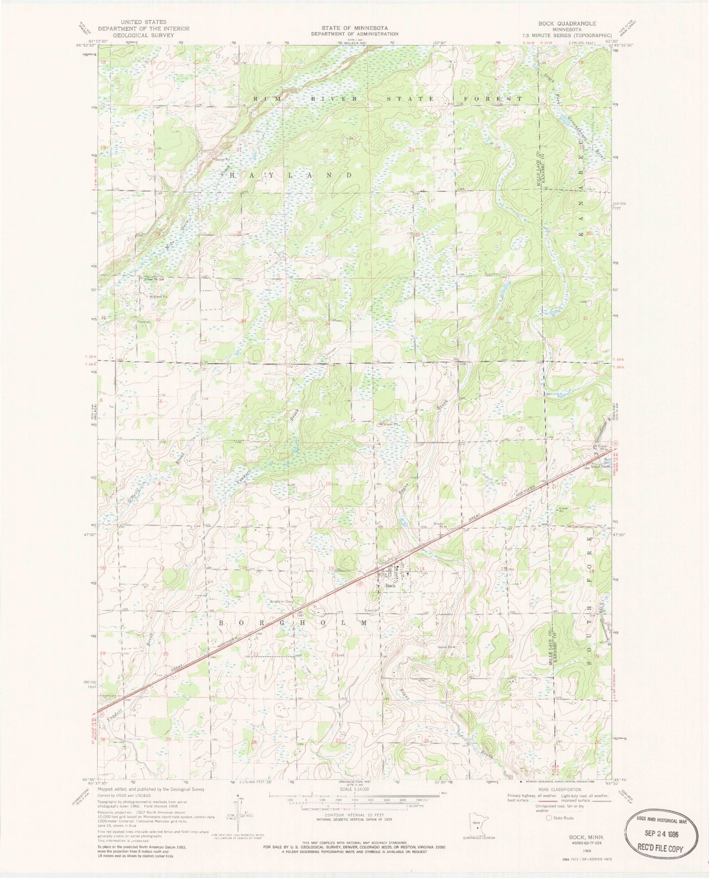 Classic USGS Bock Minnesota 7.5'x7.5' Topo Map Image