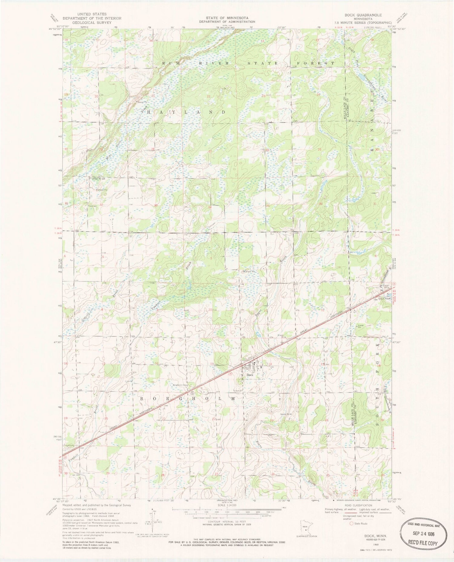 Classic USGS Bock Minnesota 7.5'x7.5' Topo Map Image