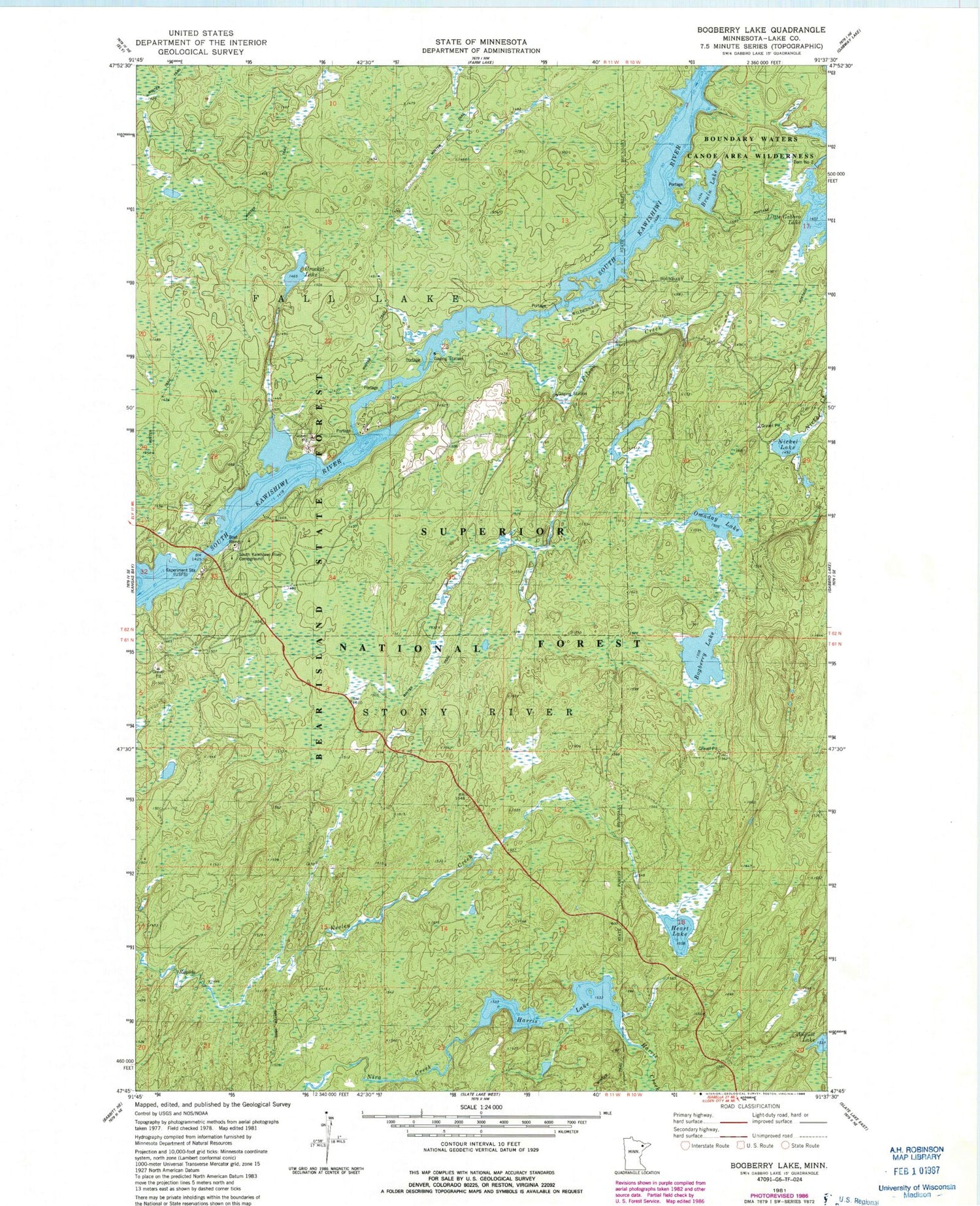 Classic USGS Bogberry Lake Minnesota 7.5'x7.5' Topo Map Image