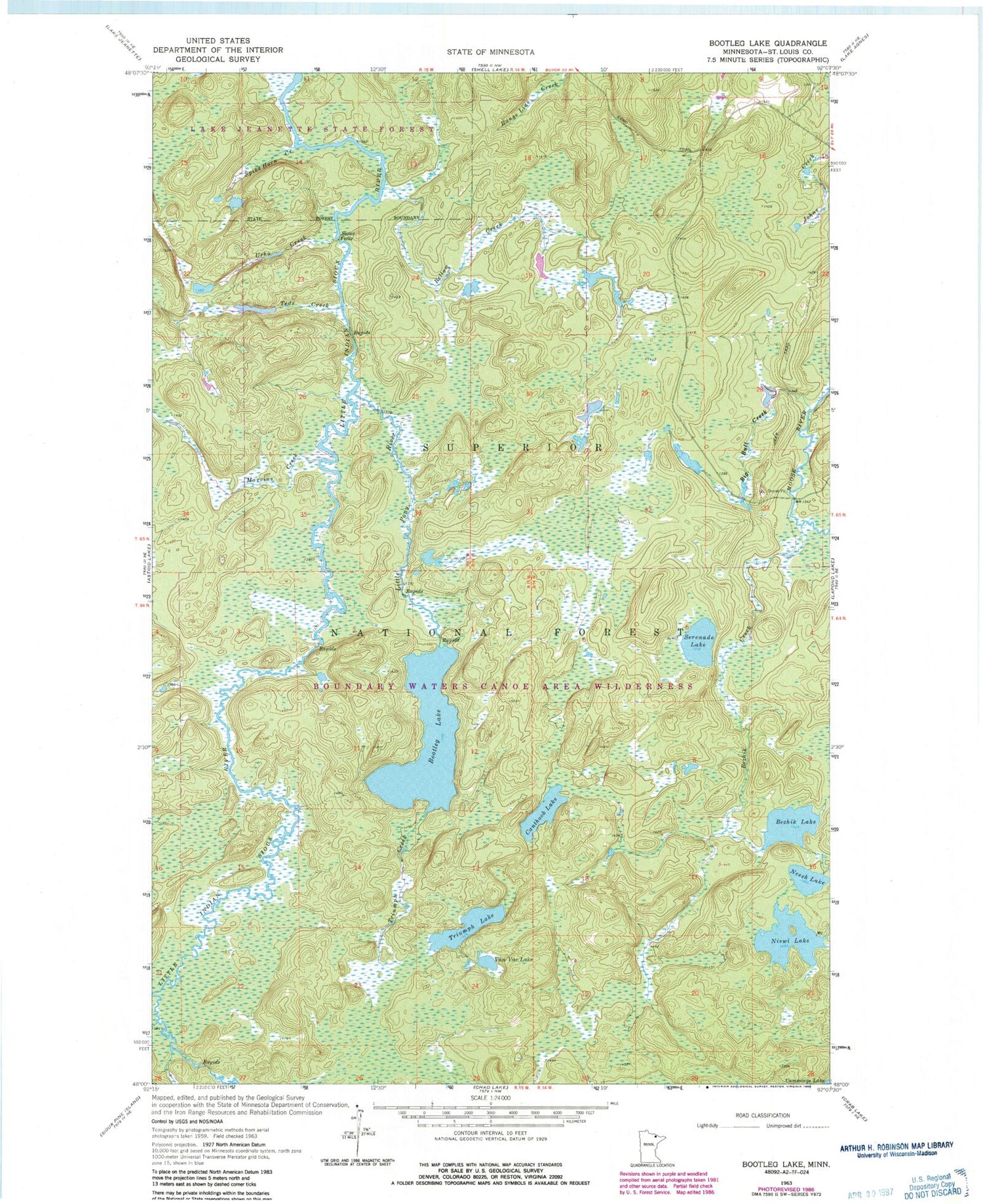 Classic USGS Bootleg Lake Minnesota 7.5'x7.5' Topo Map Image