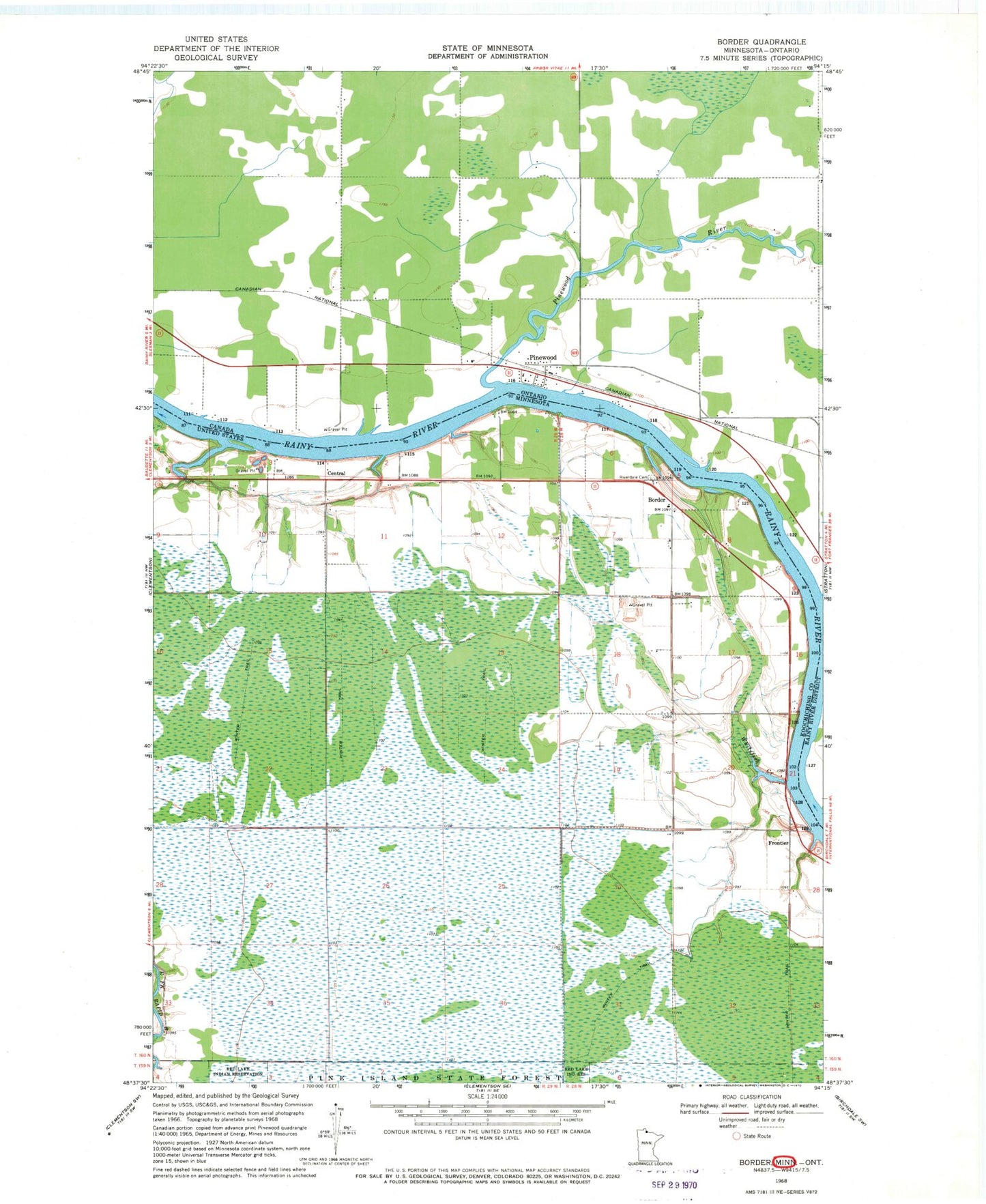 Classic USGS Border Minnesota 7.5'x7.5' Topo Map Image
