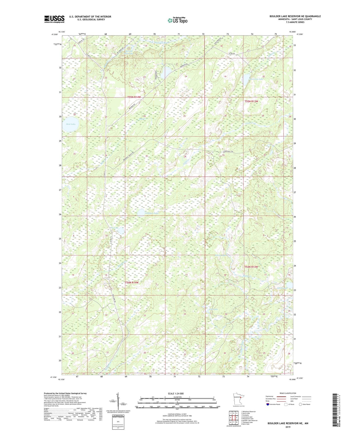 Boulder Lake Reservoir NE Minnesota US Topo Map Image