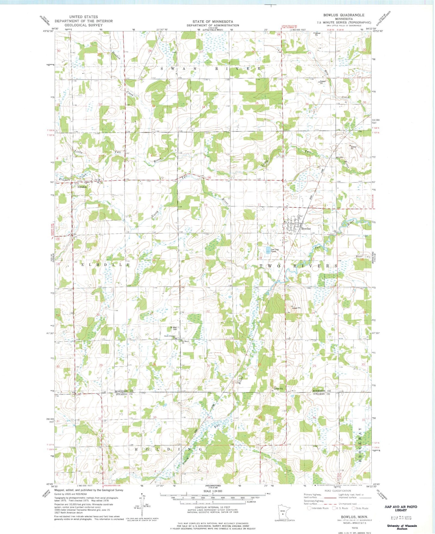 Classic USGS Bowlus Minnesota 7.5'x7.5' Topo Map Image