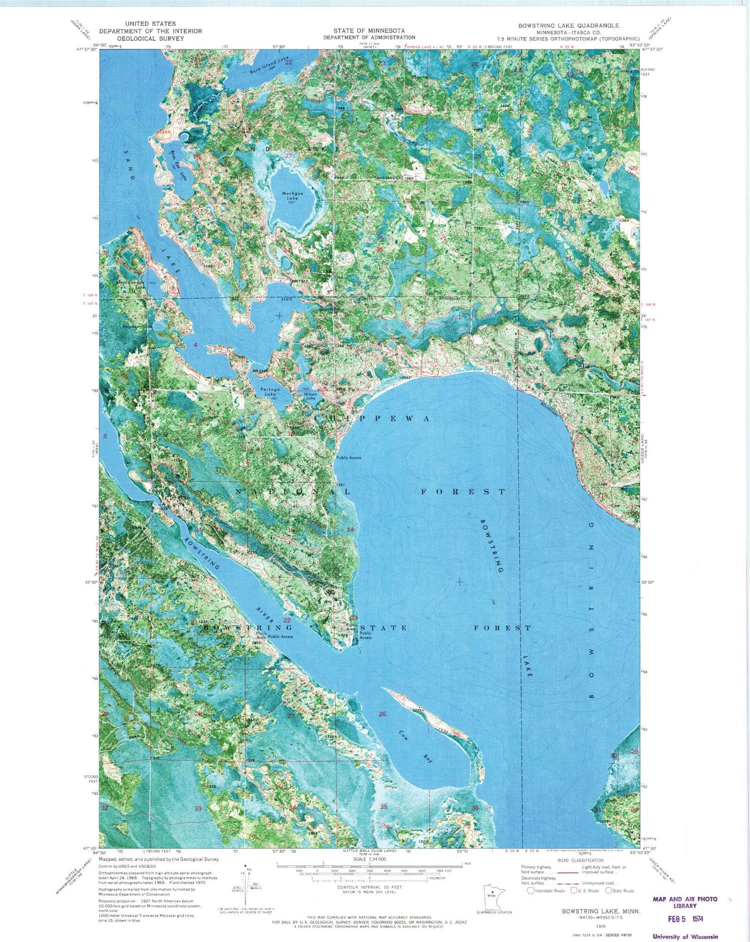 Classic USGS Bowstring Lake Minnesota 7.5'x7.5' Topo Map Image