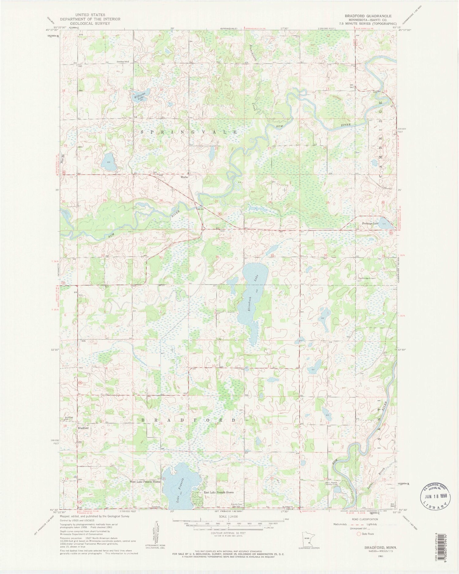Classic USGS Bradford Minnesota 7.5'x7.5' Topo Map Image