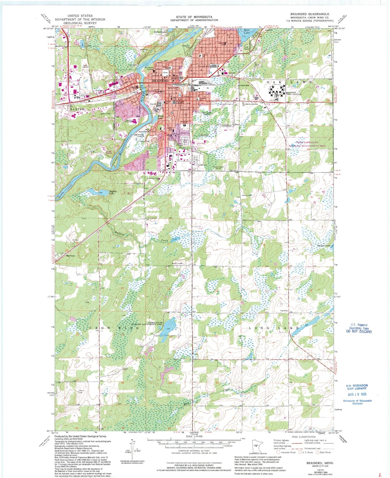 Classic USGS Brainerd Minnesota 7.5'x7.5' Topo Map Image