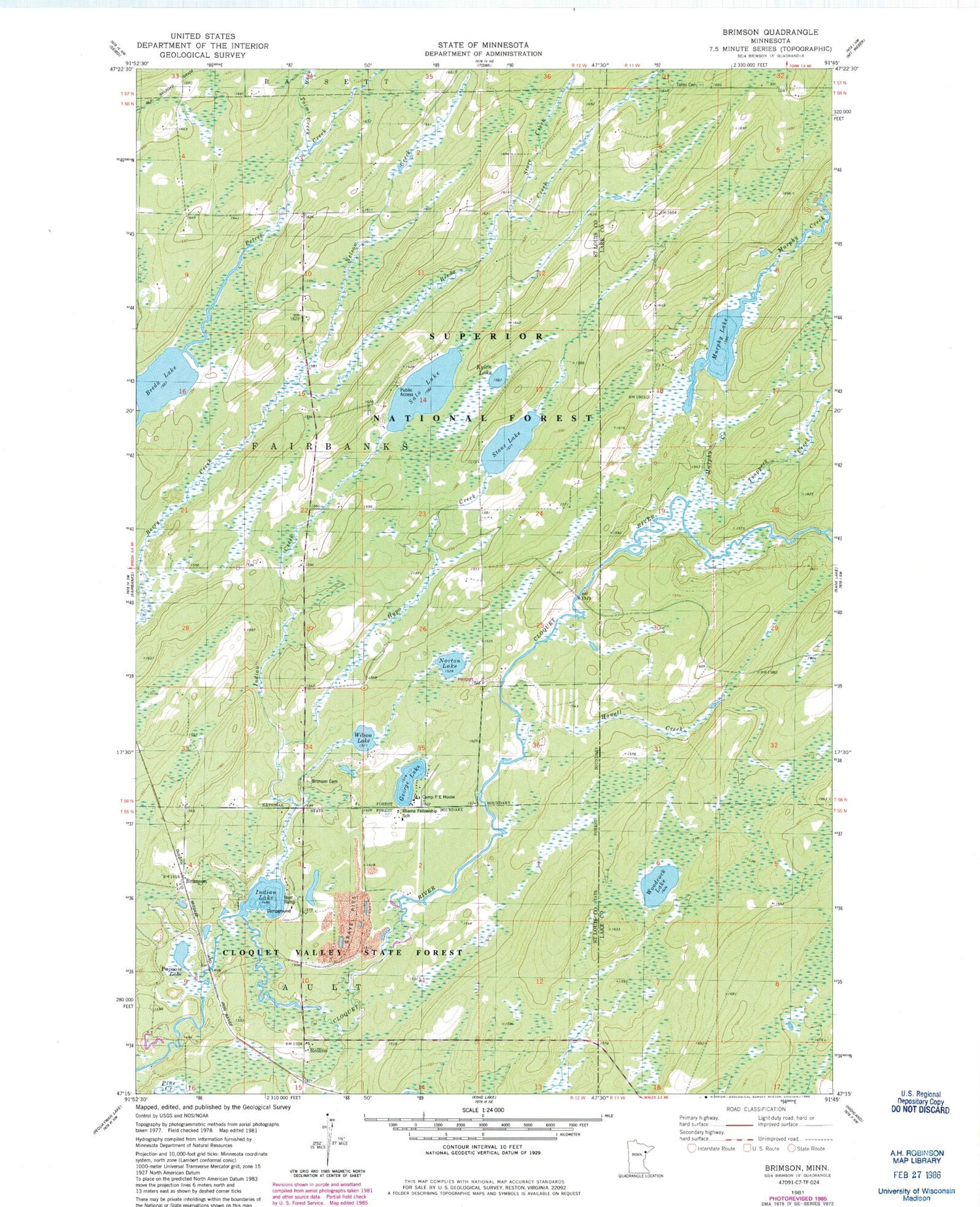 Classic USGS Brimson Minnesota 7.5'x7.5' Topo Map Image