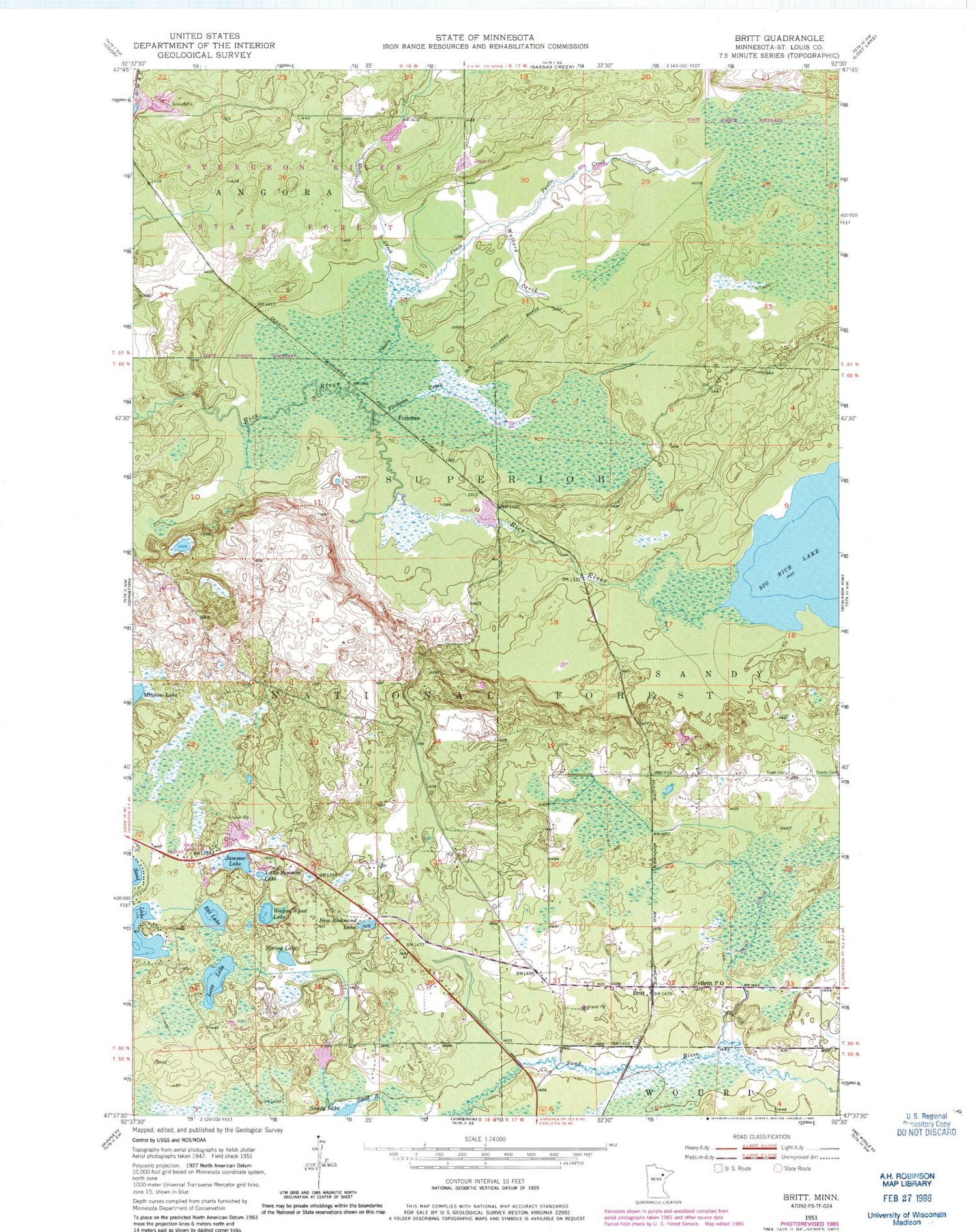 Classic USGS Britt Minnesota 7.5'x7.5' Topo Map Image