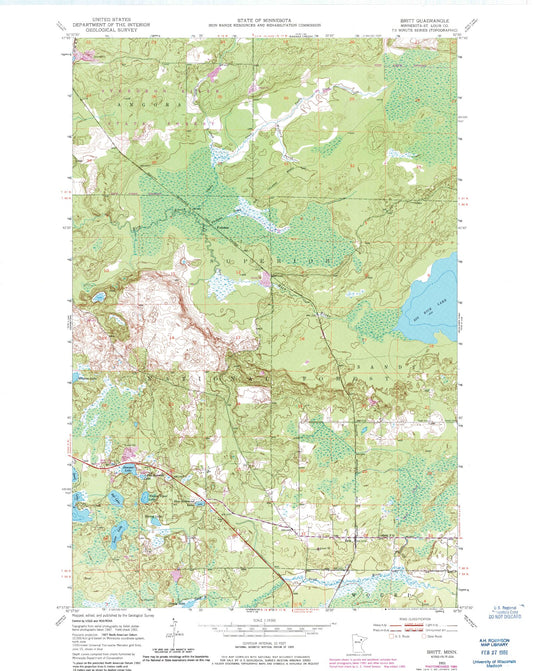 Classic USGS Britt Minnesota 7.5'x7.5' Topo Map Image