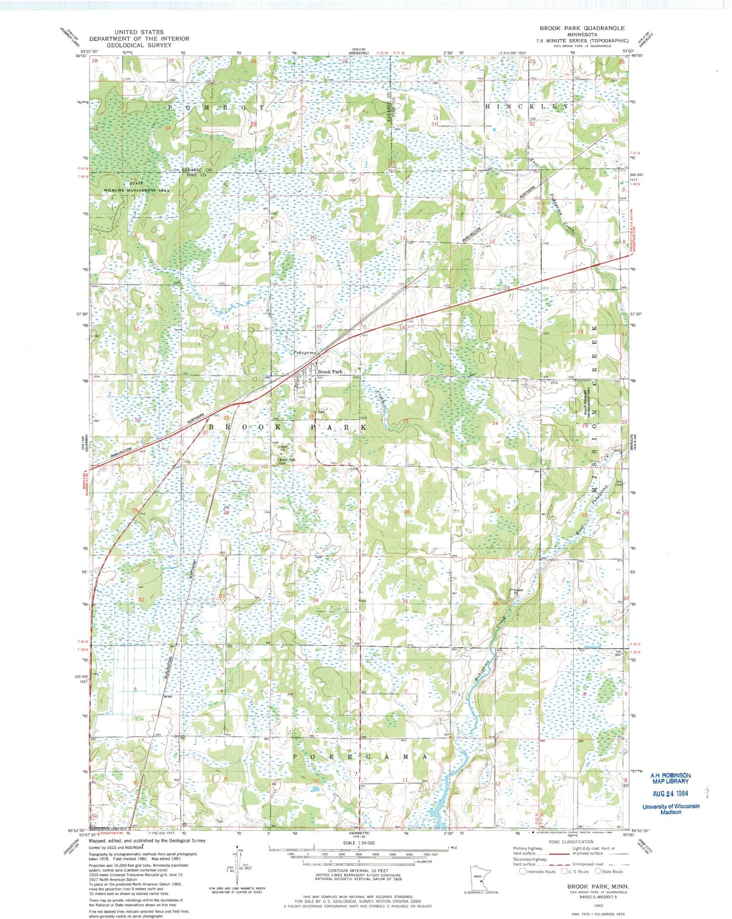 Classic USGS Brook Park Minnesota 7.5'x7.5' Topo Map Image