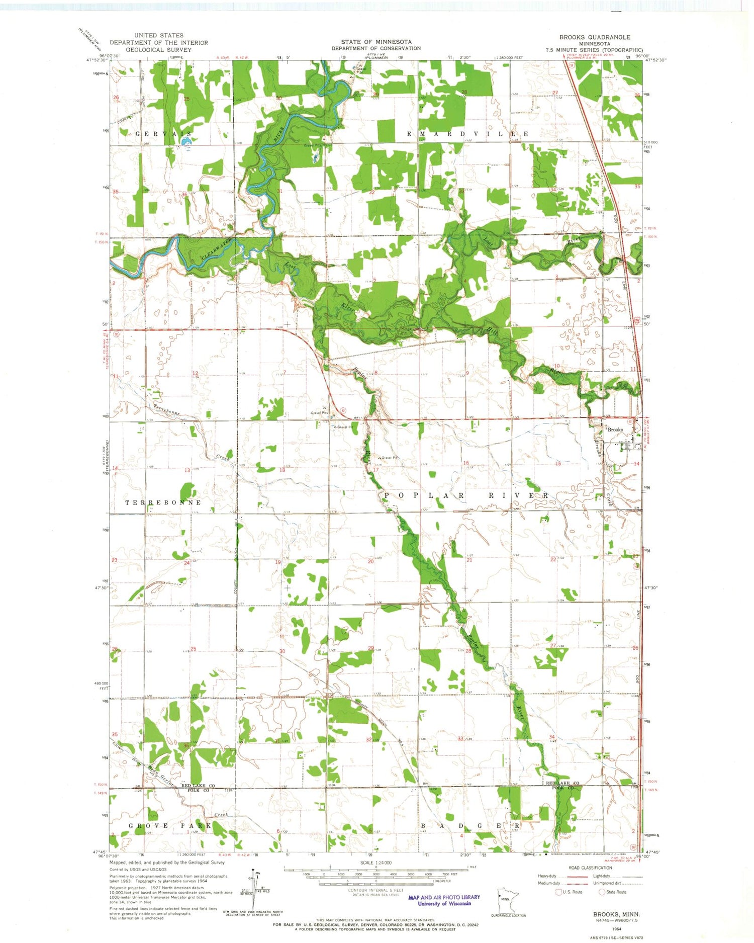 Classic USGS Brooks Minnesota 7.5'x7.5' Topo Map Image