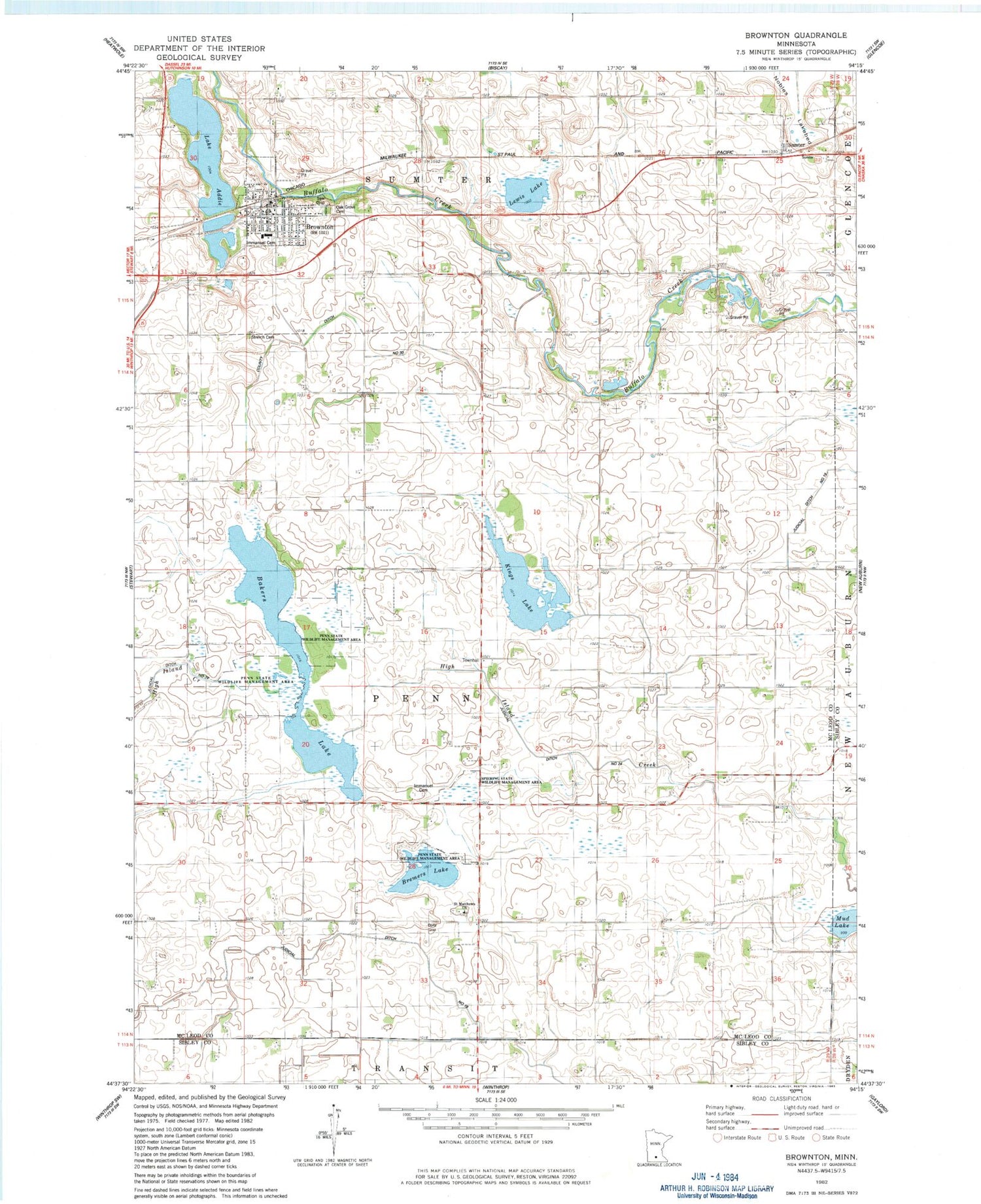Classic USGS Brownton Minnesota 7.5'x7.5' Topo Map Image