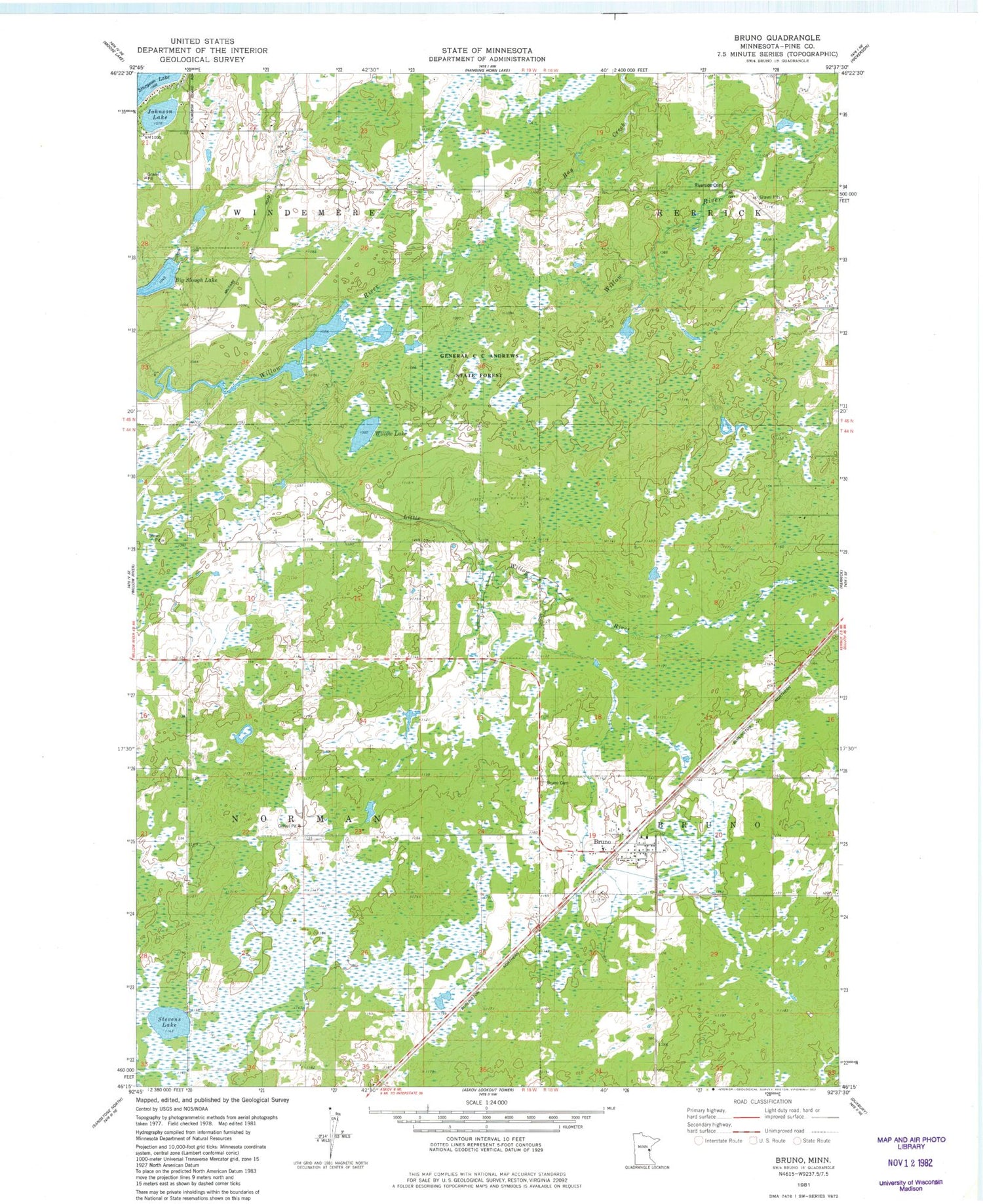 Classic USGS Bruno Minnesota 7.5'x7.5' Topo Map Image