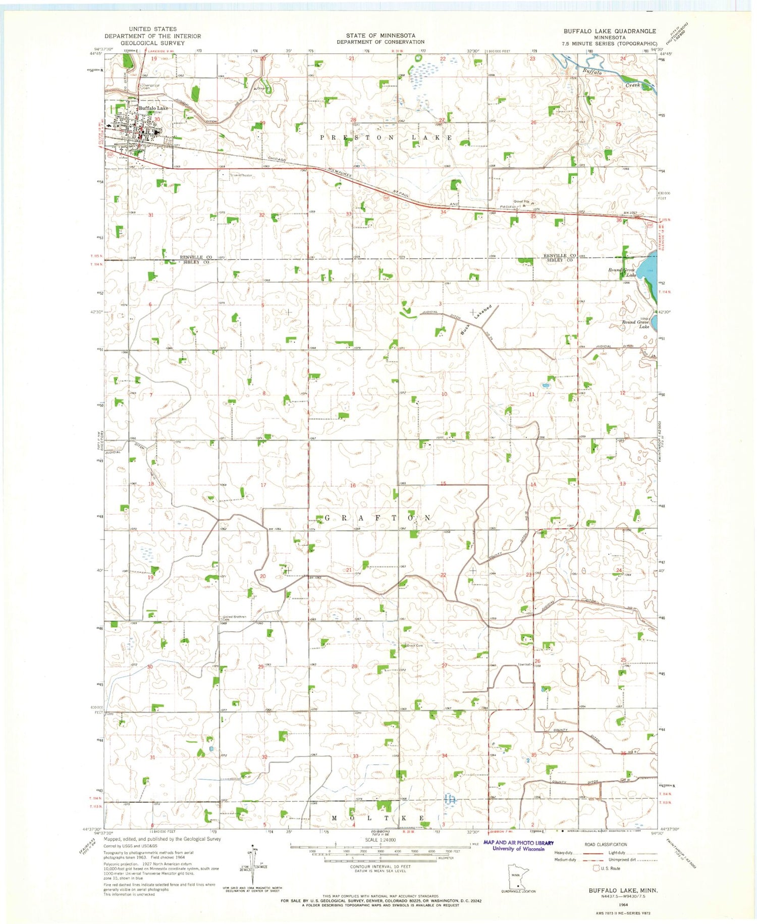 Classic USGS Buffalo Lake Minnesota 7.5'x7.5' Topo Map Image