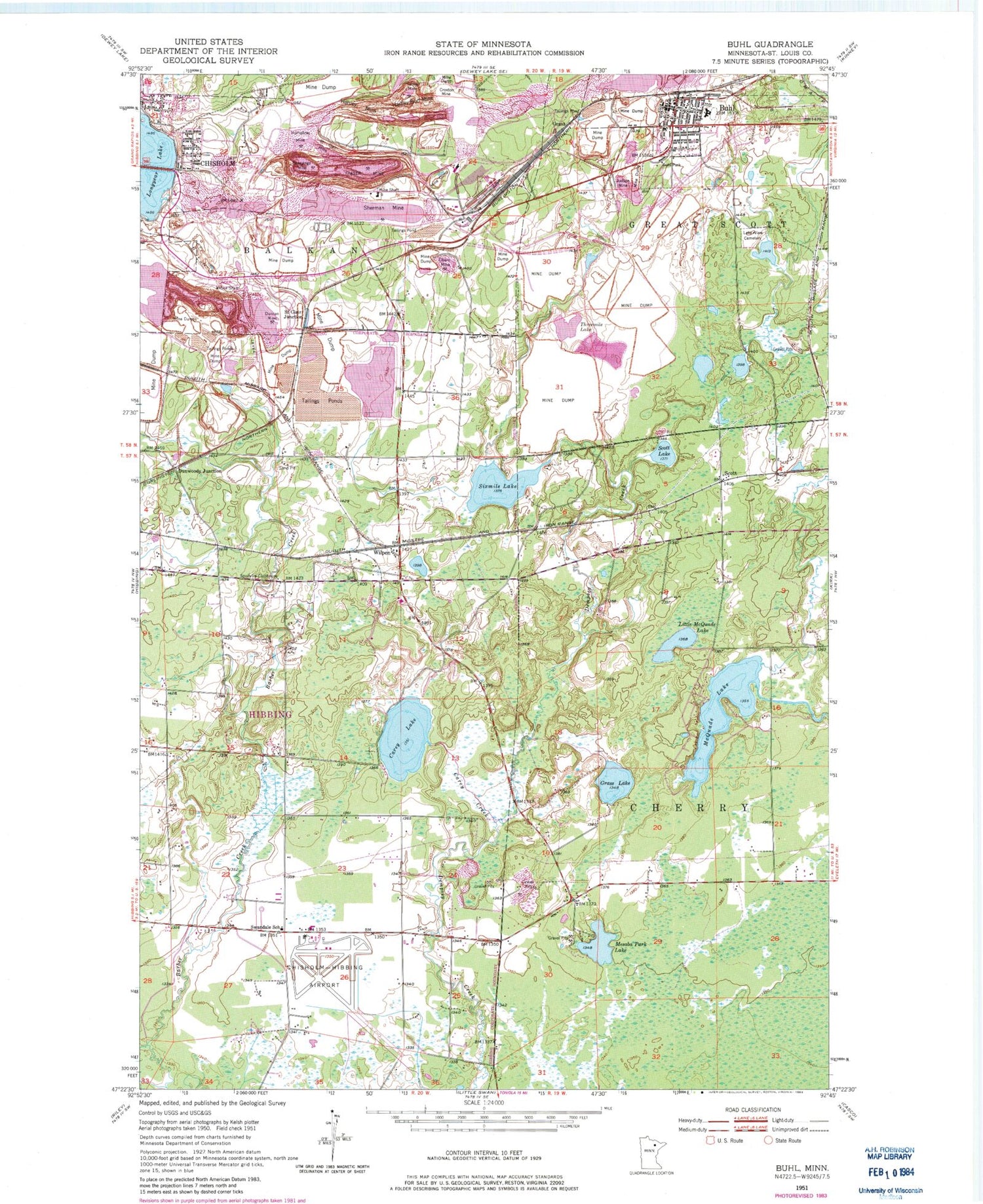 Classic USGS Buhl Minnesota 7.5'x7.5' Topo Map Image