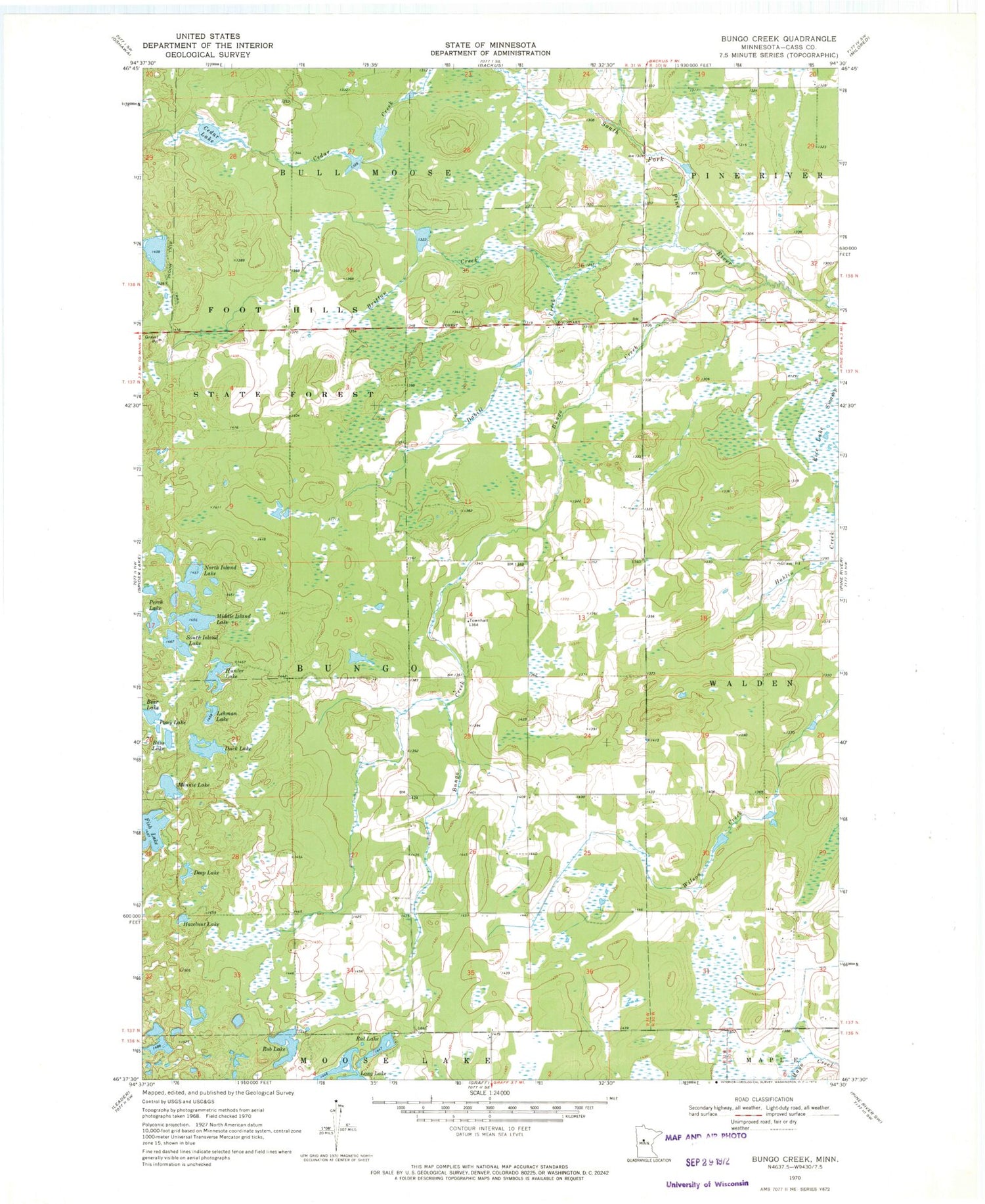 Classic USGS Bungo Creek Minnesota 7.5'x7.5' Topo Map Image