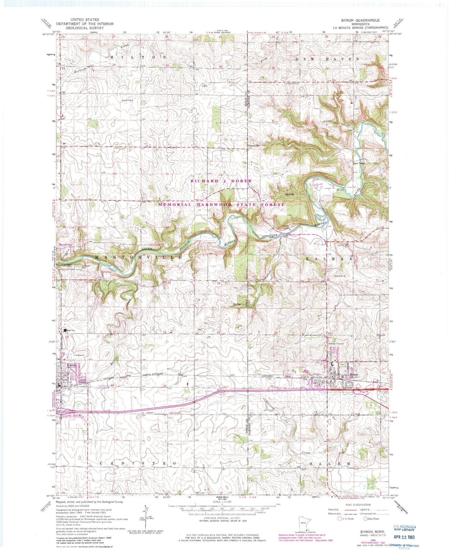 Classic USGS Byron Minnesota 7.5'x7.5' Topo Map Image