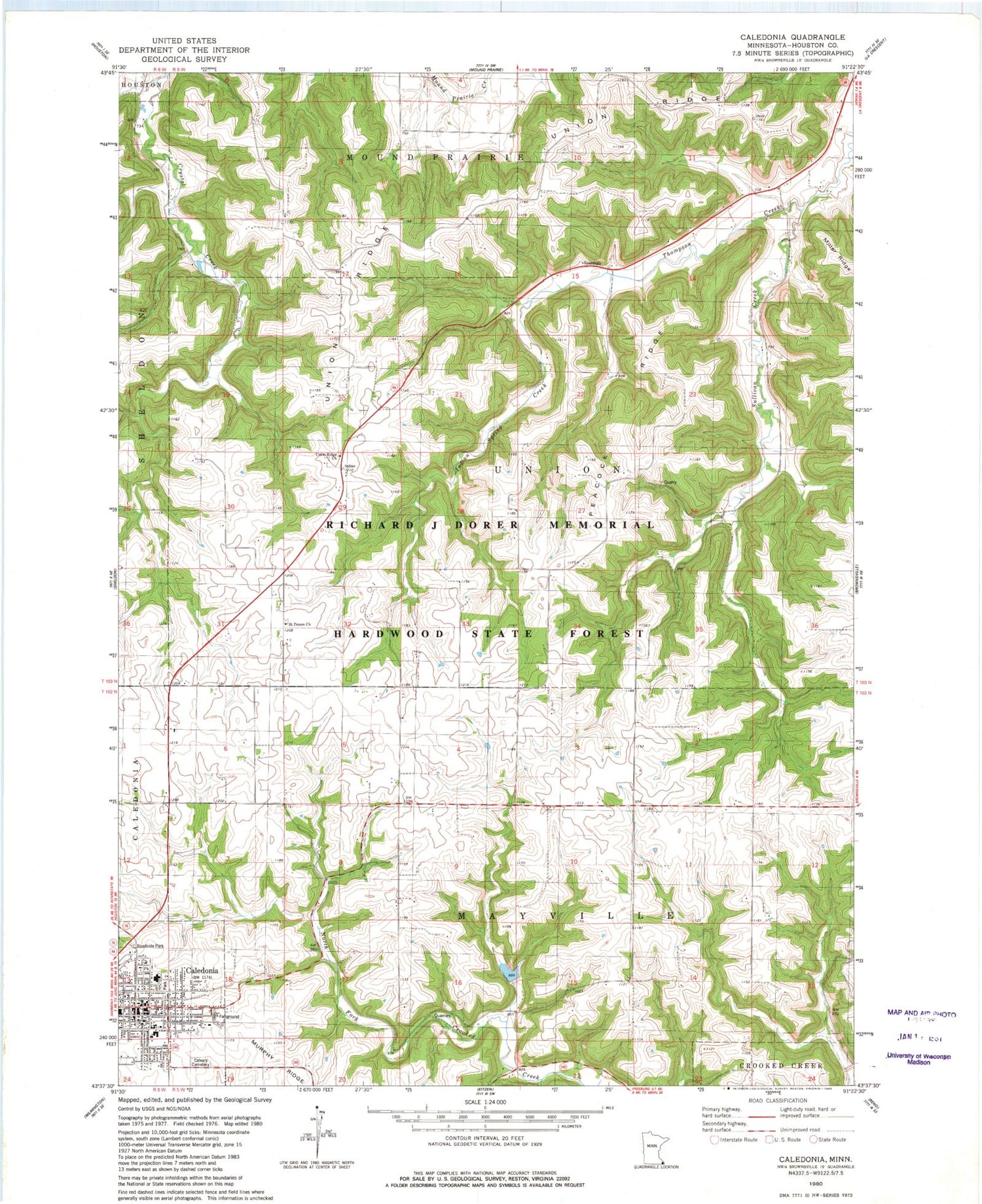 Classic USGS Caledonia Minnesota 7.5'x7.5' Topo Map Image