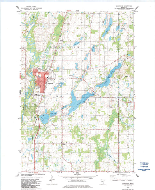 Classic USGS Cambridge Minnesota 7.5'x7.5' Topo Map Image