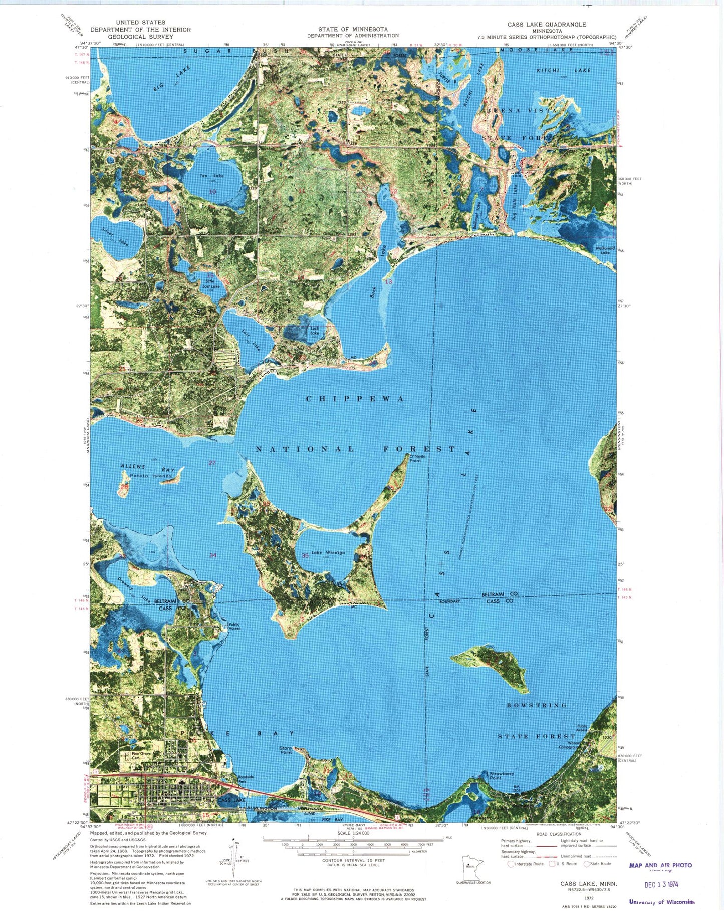 Classic USGS Cass Lake Minnesota 7.5'x7.5' Topo Map Image