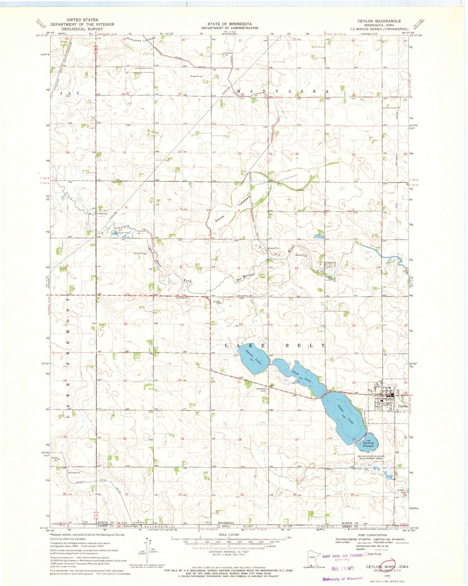 Classic USGS Ceylon Minnesota 7.5'x7.5' Topo Map Image