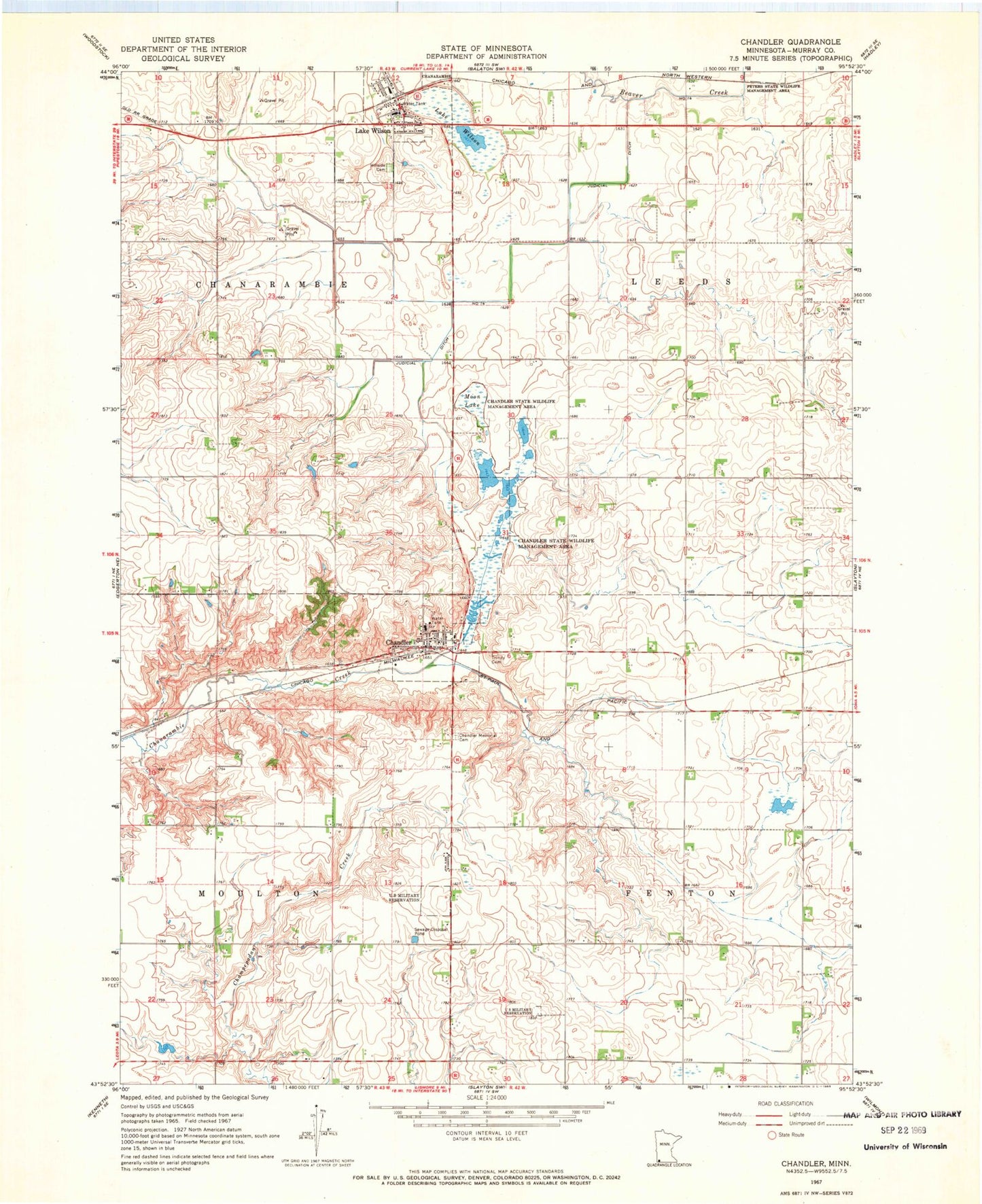 Classic USGS Chandler Minnesota 7.5'x7.5' Topo Map Image