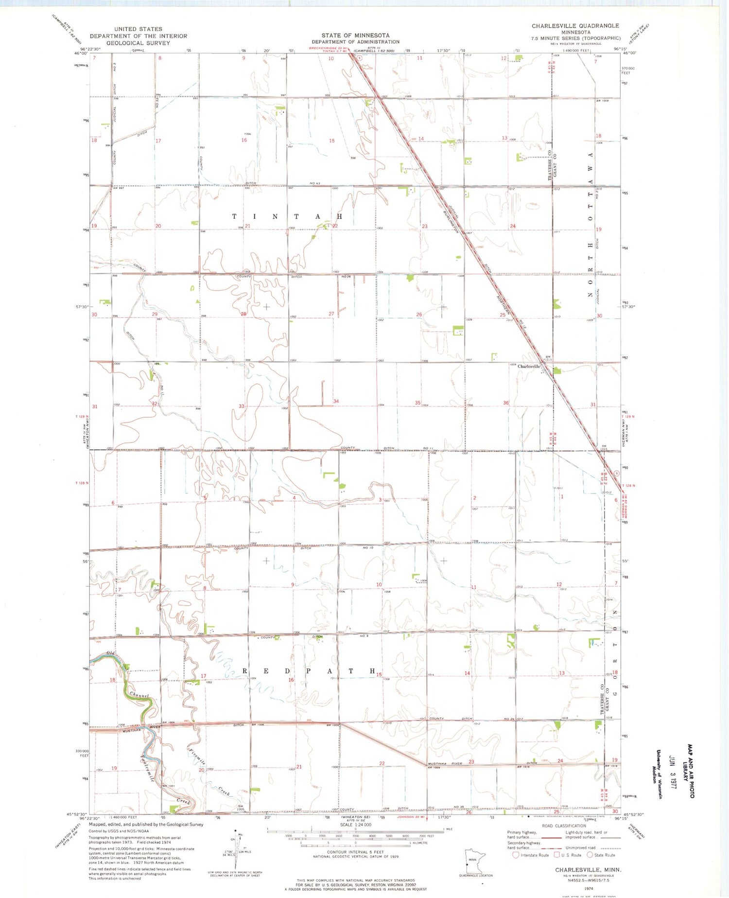 Classic USGS Charlesville Minnesota 7.5'x7.5' Topo Map Image