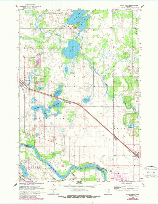 Classic USGS Clear Lake Minnesota 7.5'x7.5' Topo Map Image