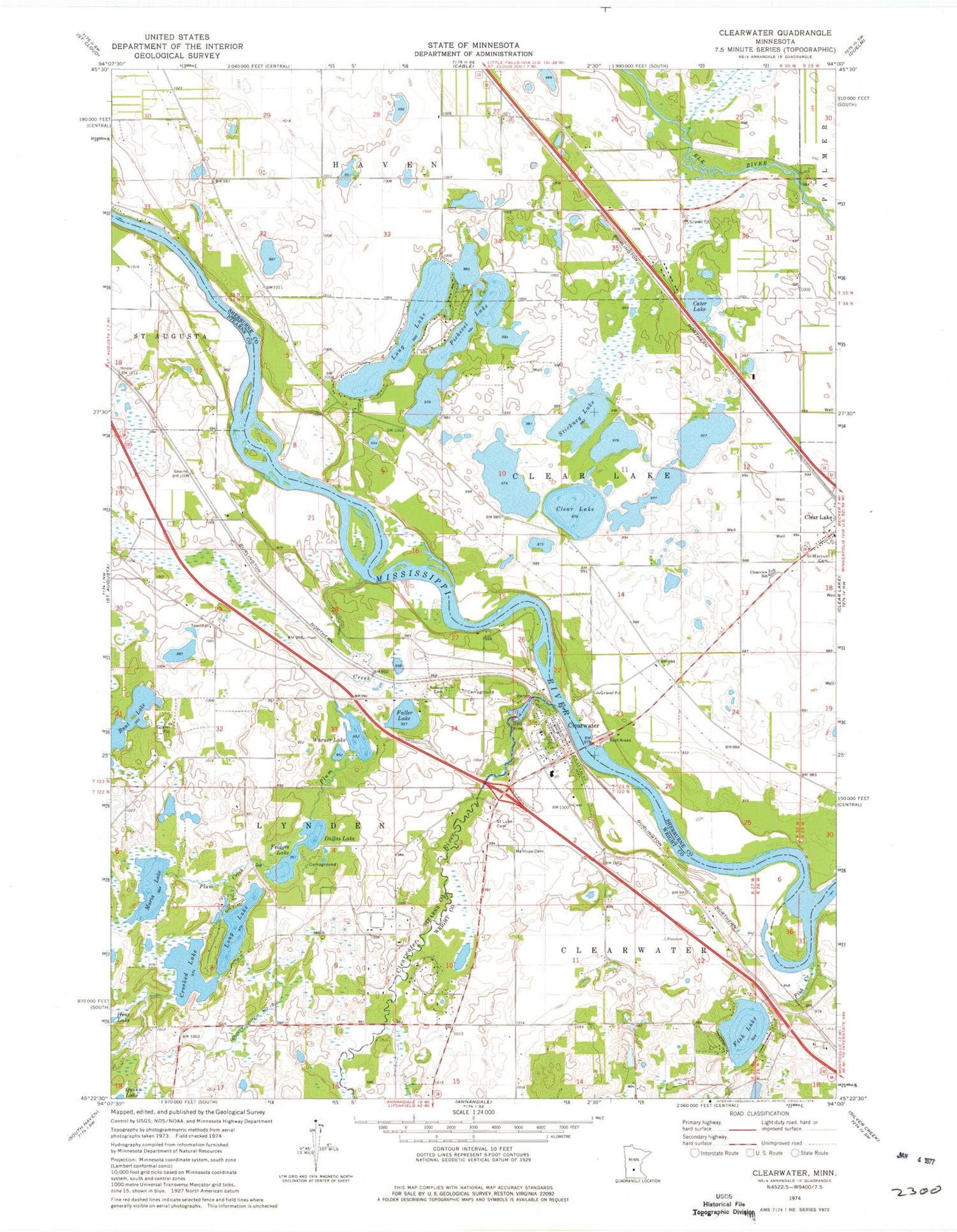 Classic USGS Clearwater Minnesota 7.5'x7.5' Topo Map Image