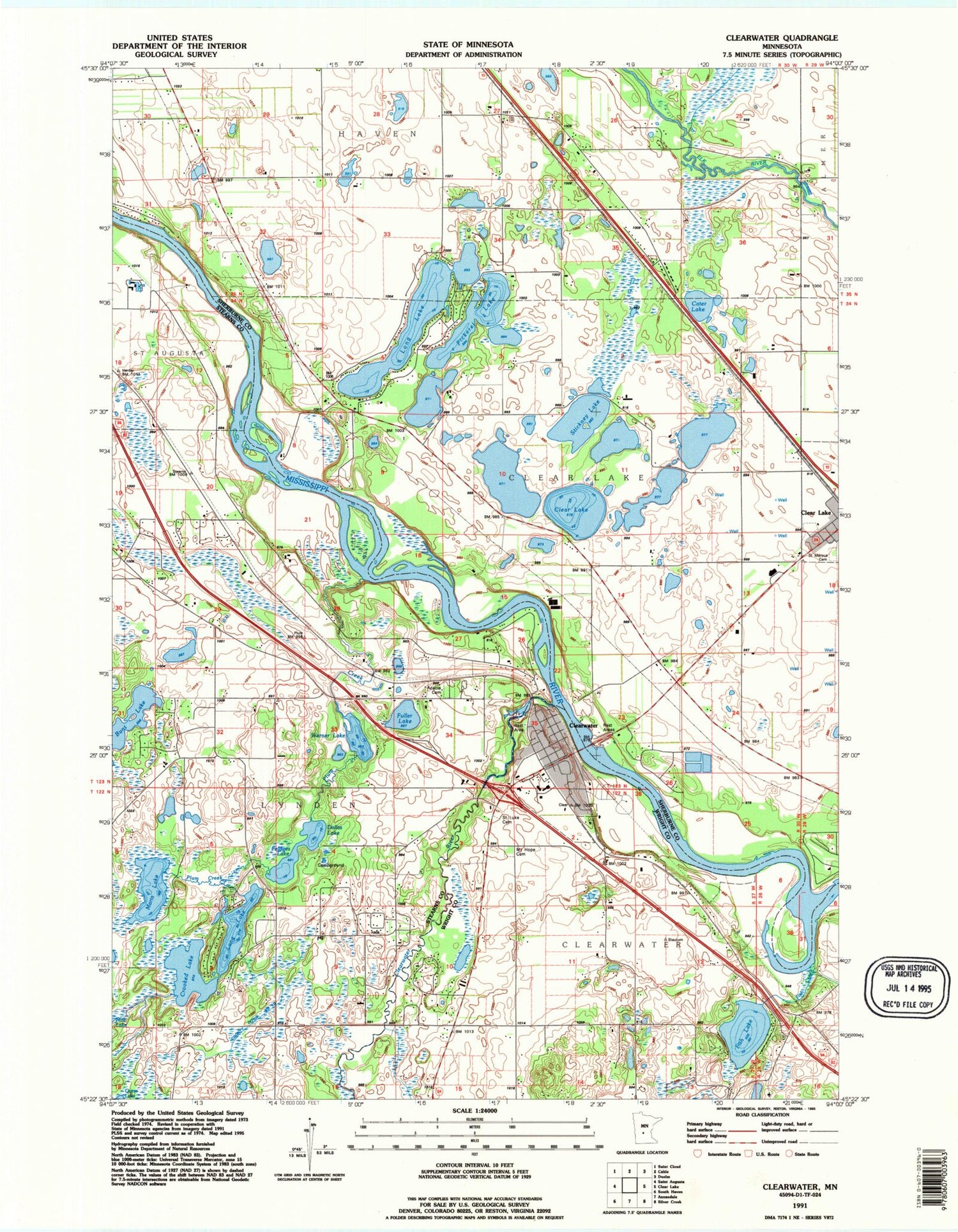 Classic USGS Clearwater Minnesota 7.5'x7.5' Topo Map Image