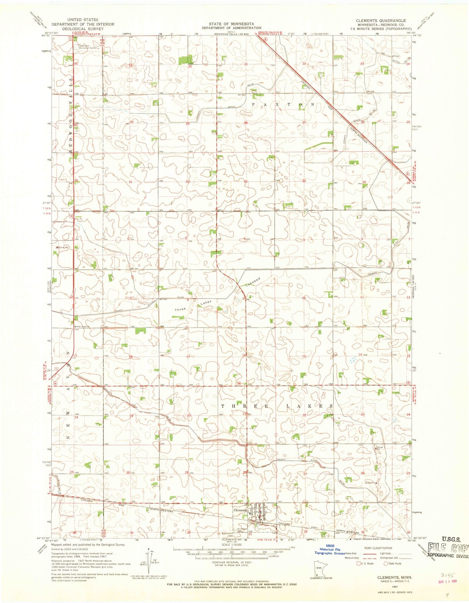 Classic USGS Clements Minnesota 7.5'x7.5' Topo Map Image