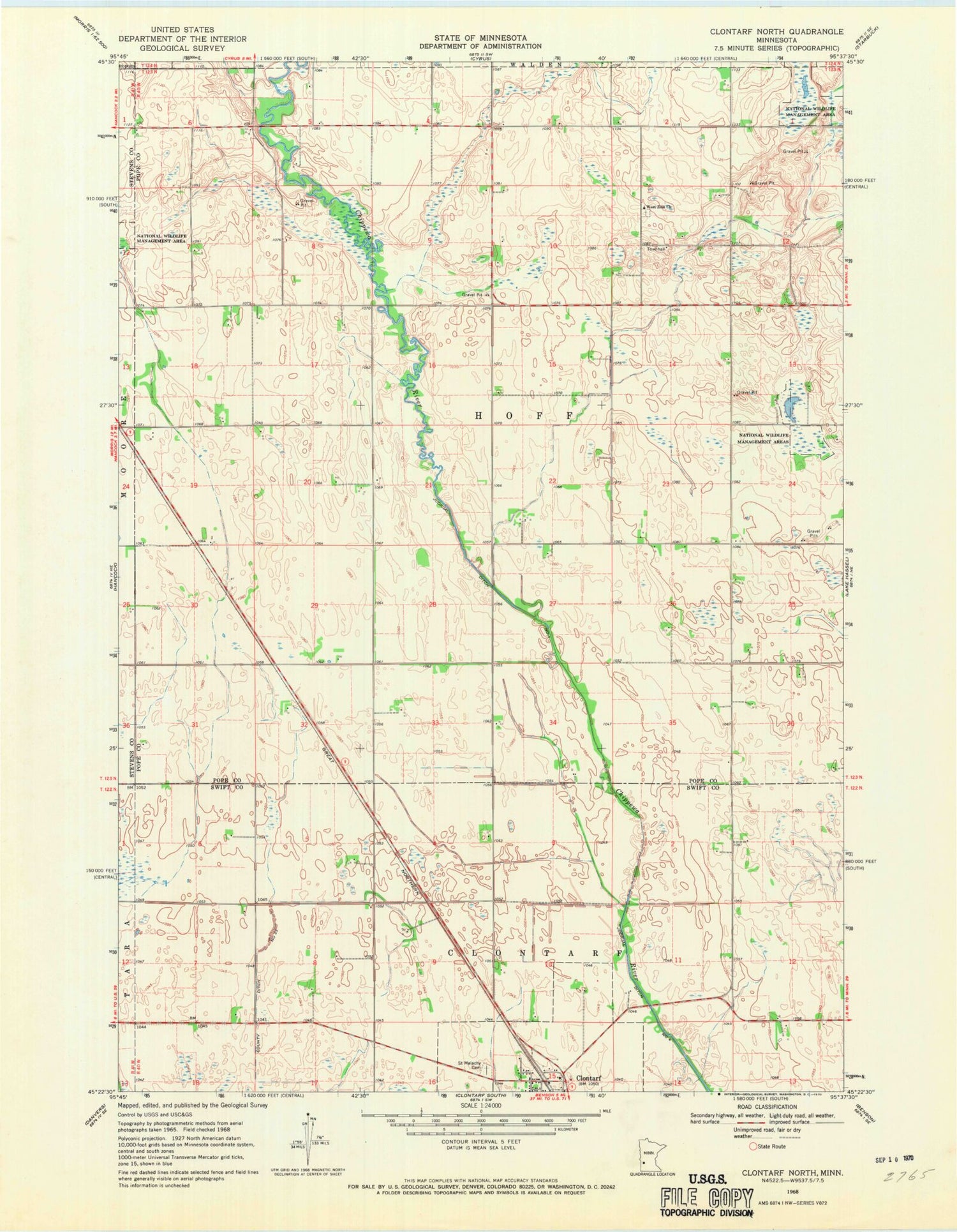 Classic USGS Clontarf North Minnesota 7.5'x7.5' Topo Map Image