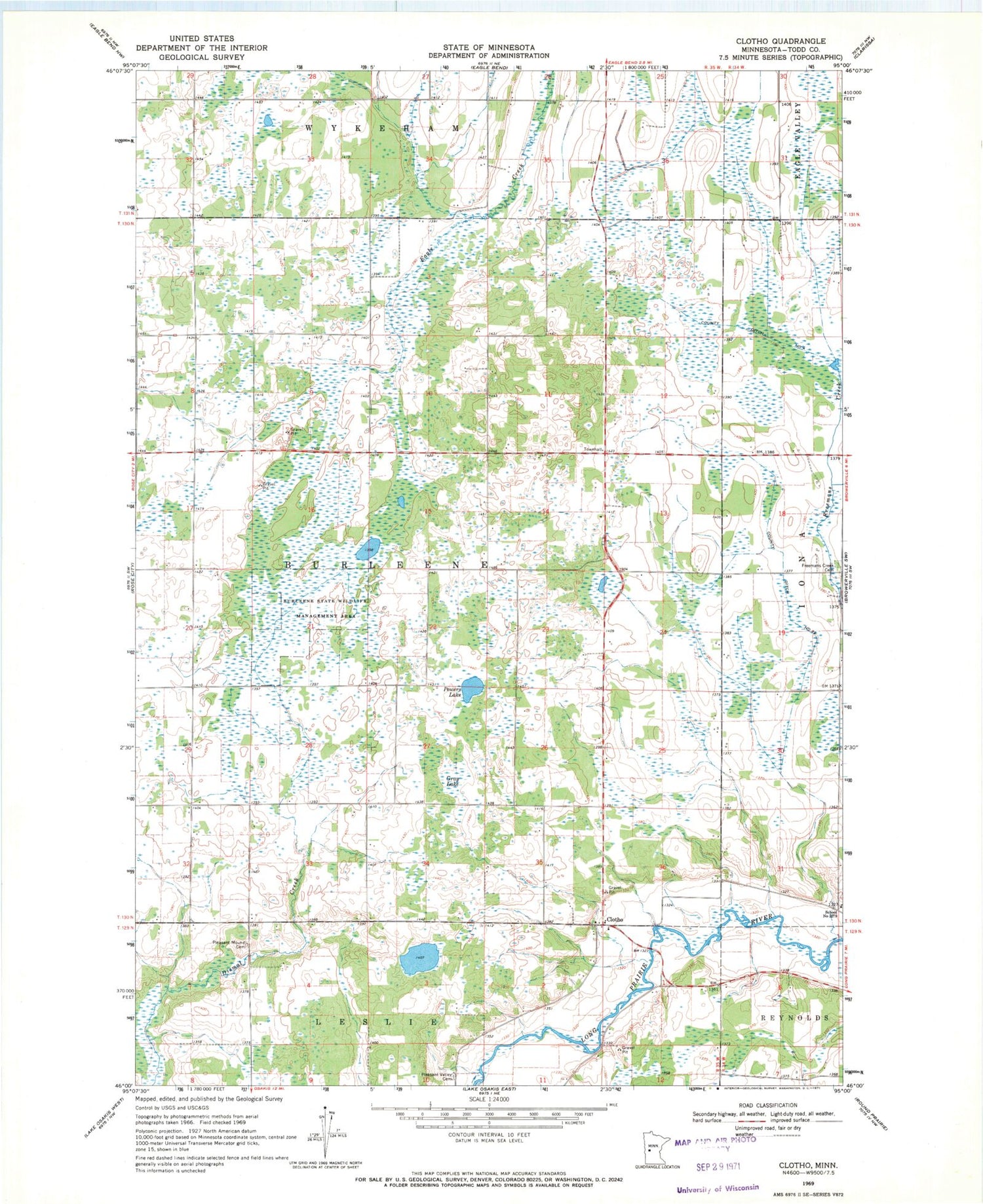 Classic USGS Clotho Minnesota 7.5'x7.5' Topo Map Image