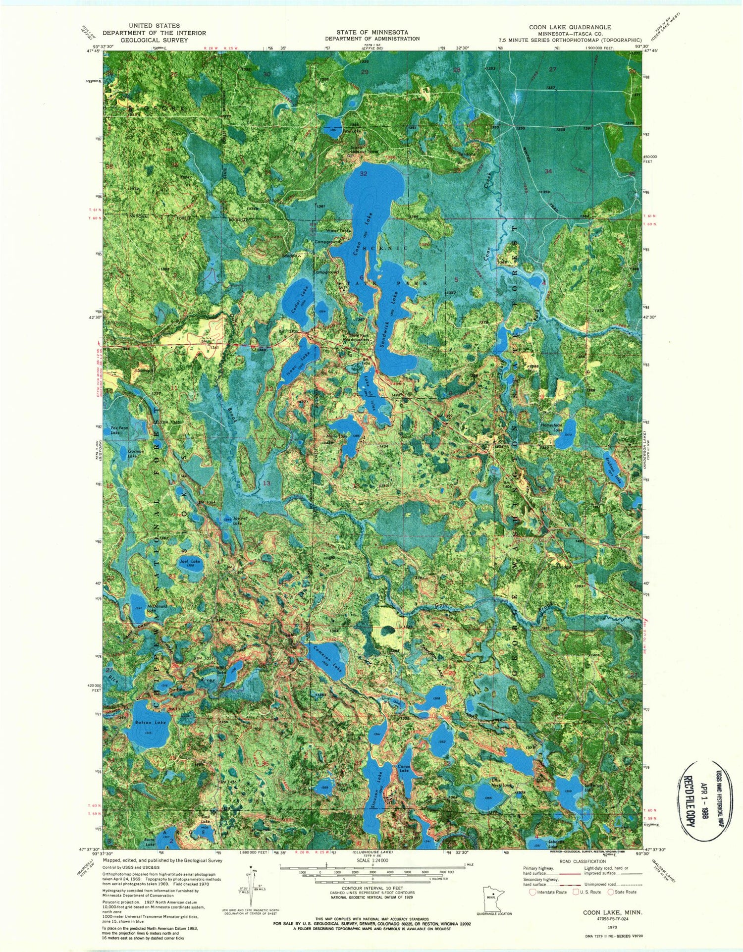 Classic USGS Coon Lake Minnesota 7.5'x7.5' Topo Map Image