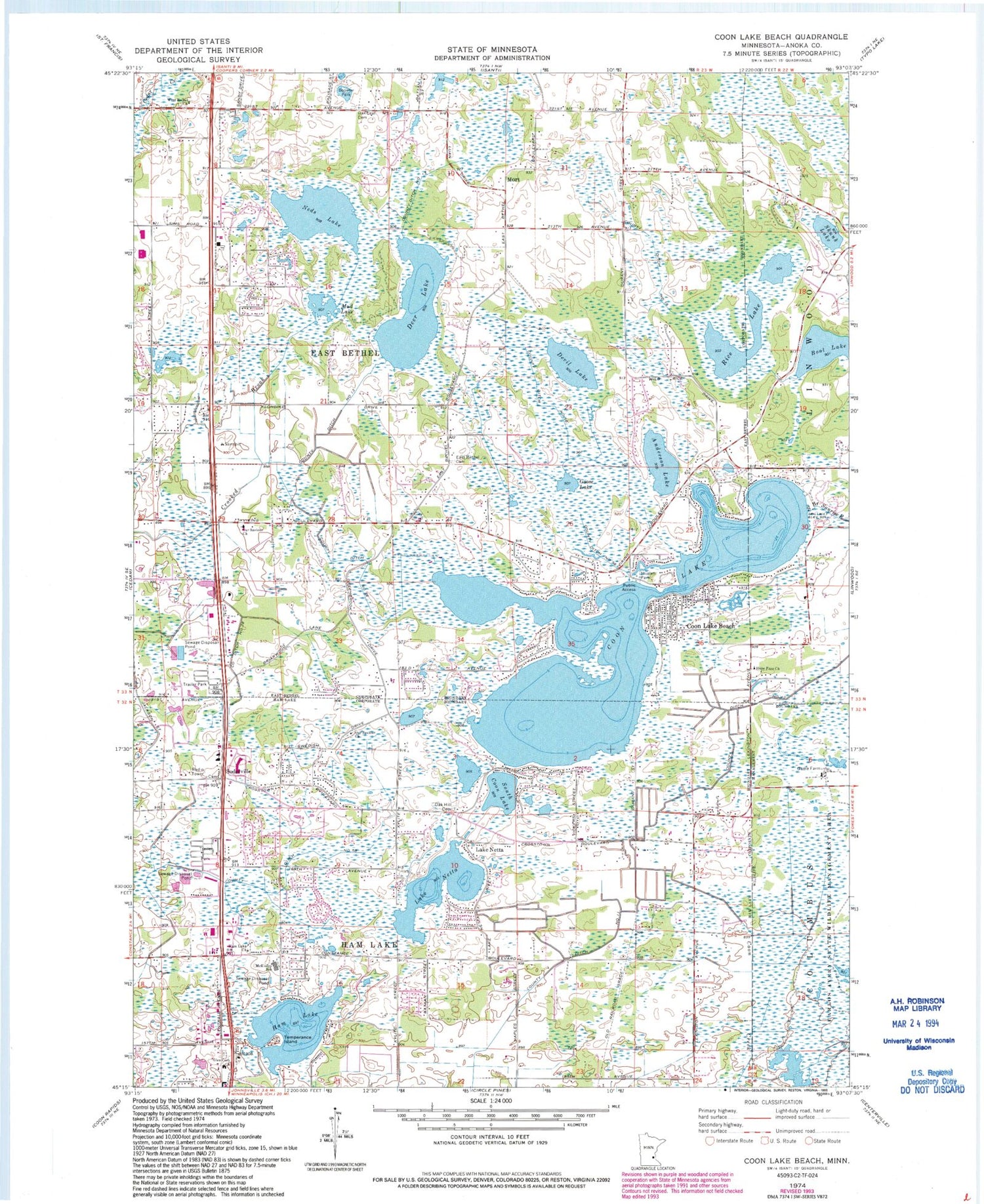 Classic USGS Coon Lake Beach Minnesota 7.5'x7.5' Topo Map Image
