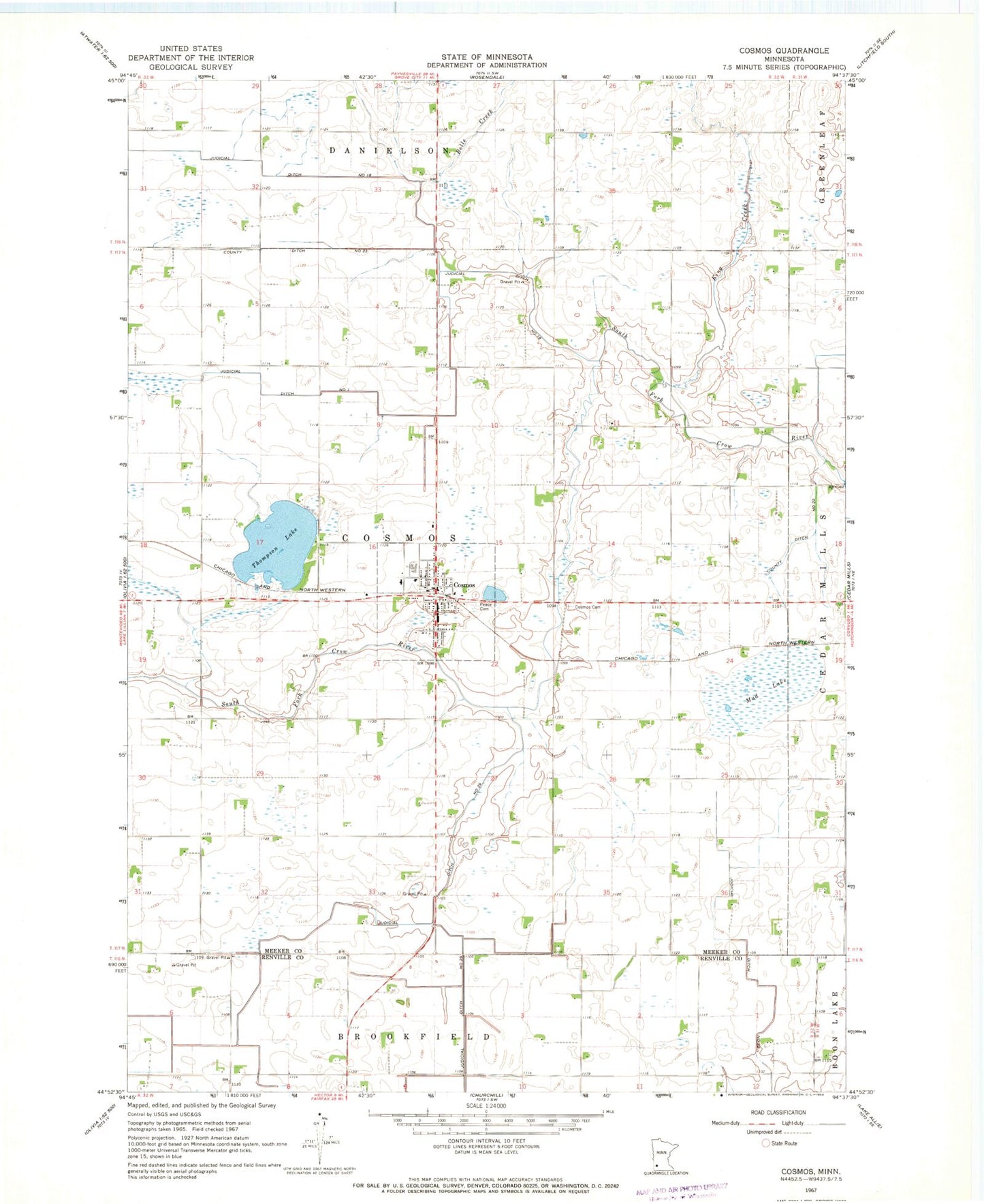 Classic USGS Cosmos Minnesota 7.5'x7.5' Topo Map Image