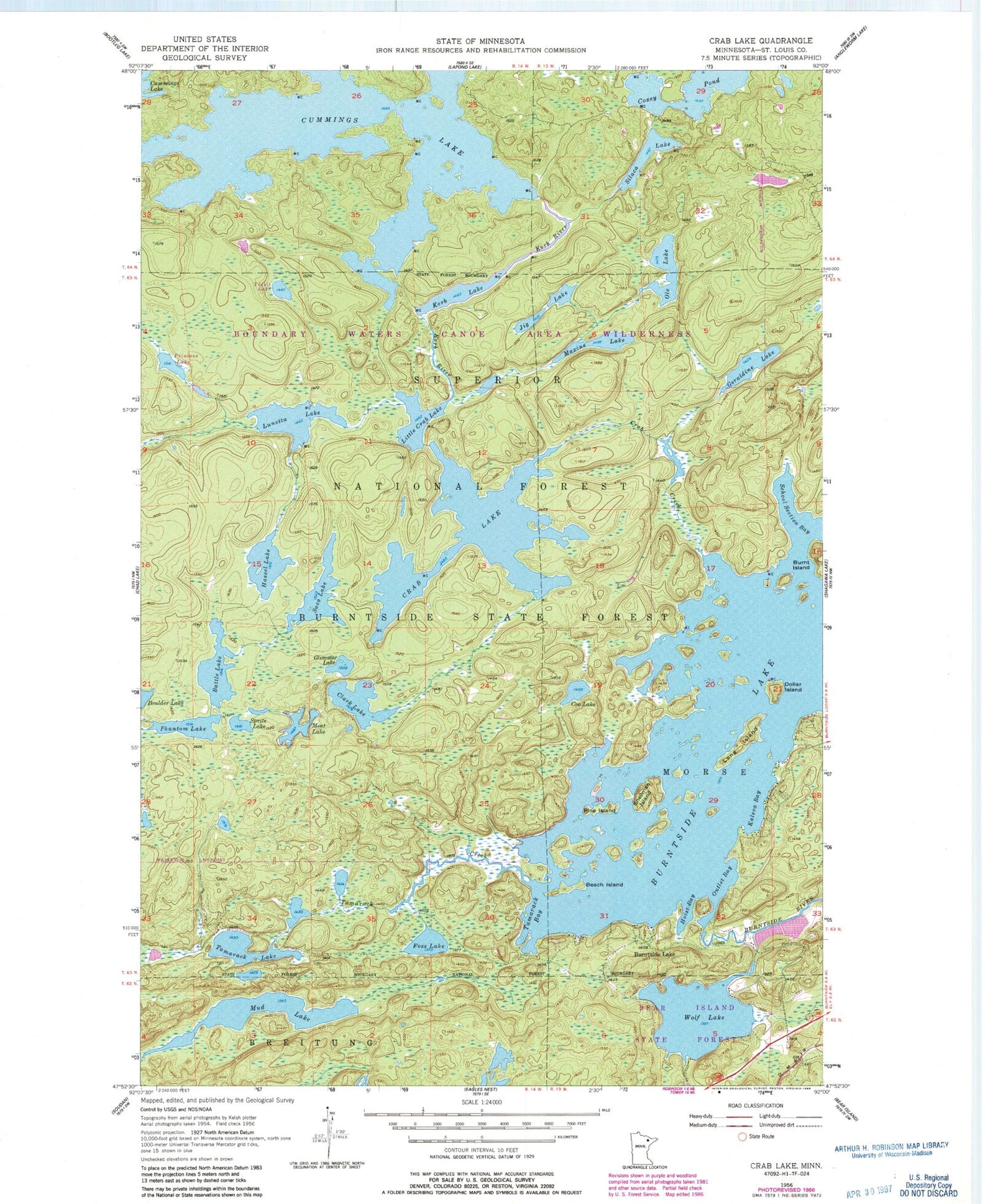 Classic USGS Crab Lake Minnesota 7.5'x7.5' Topo Map Image