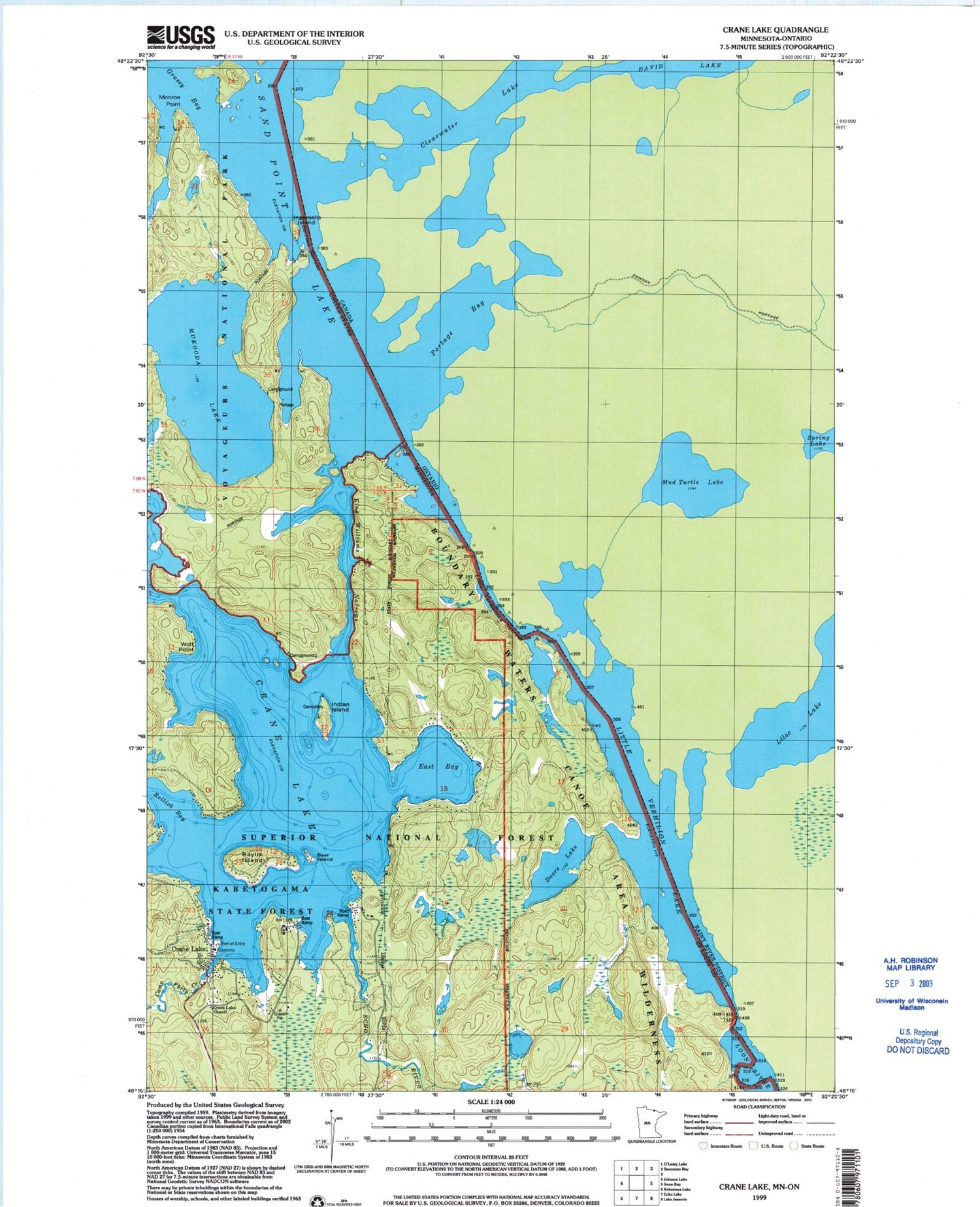 Classic USGS Crane Lake Minnesota 7.5'x7.5' Topo Map Image