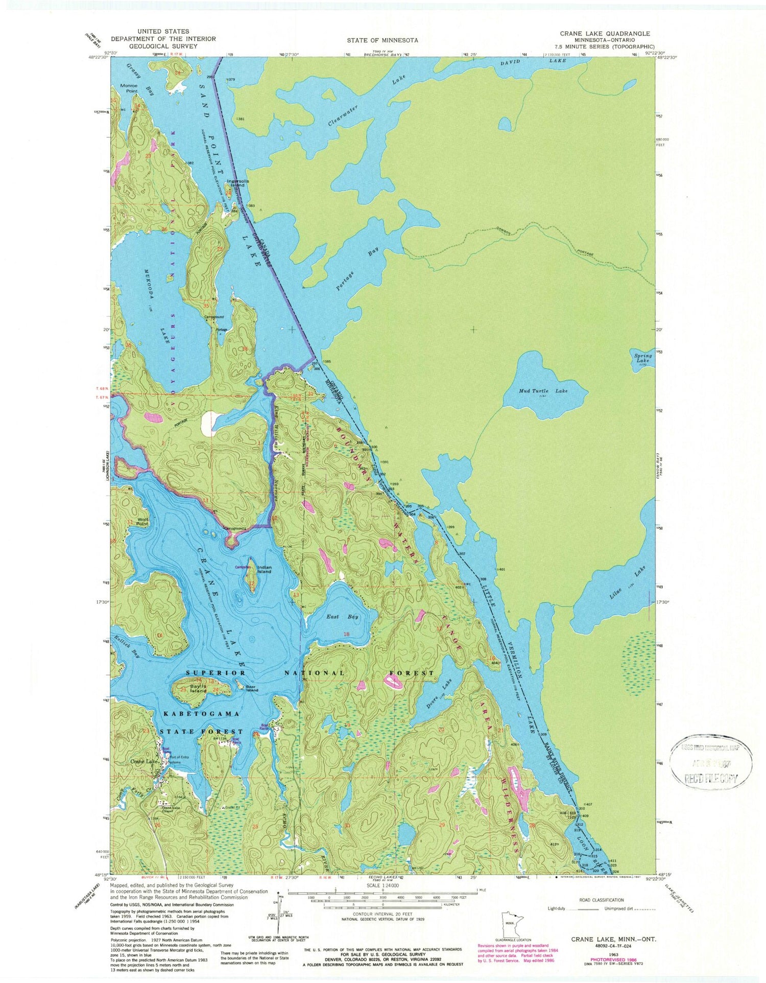 Classic USGS Crane Lake Minnesota 7.5'x7.5' Topo Map Image