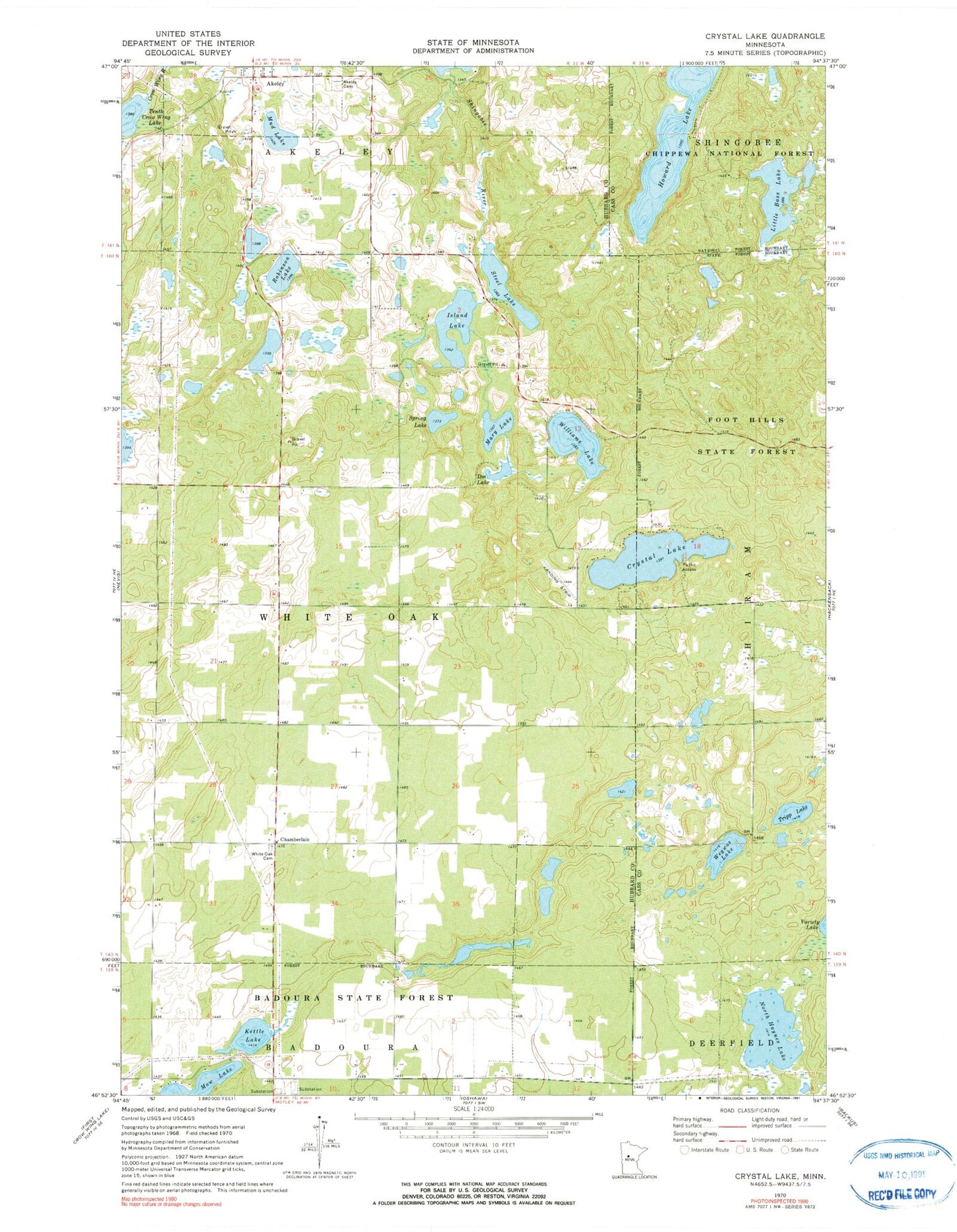 Classic USGS Crystal Lake Minnesota 7.5'x7.5' Topo Map Image