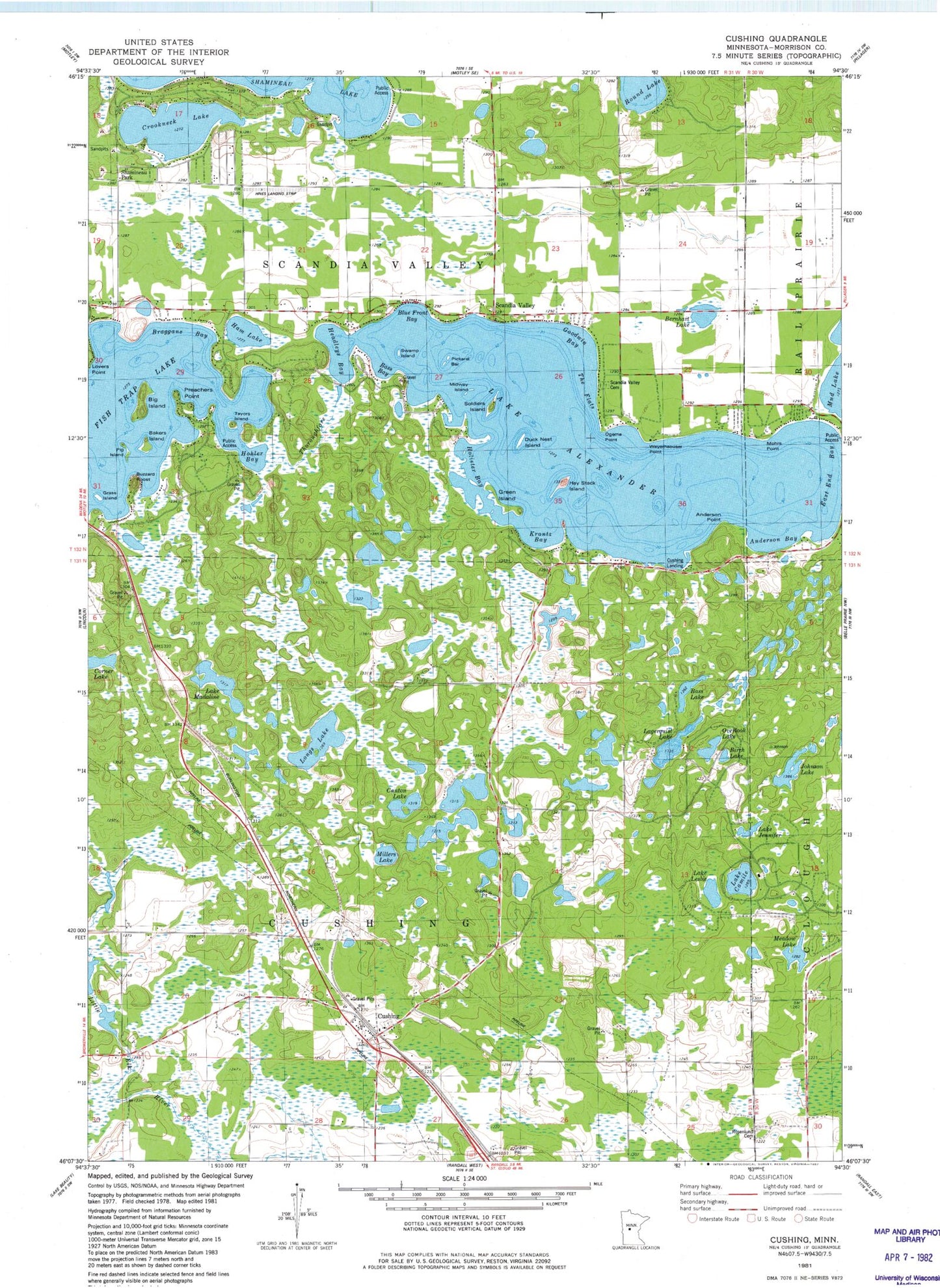 Classic USGS Cushing Minnesota 7.5'x7.5' Topo Map Image