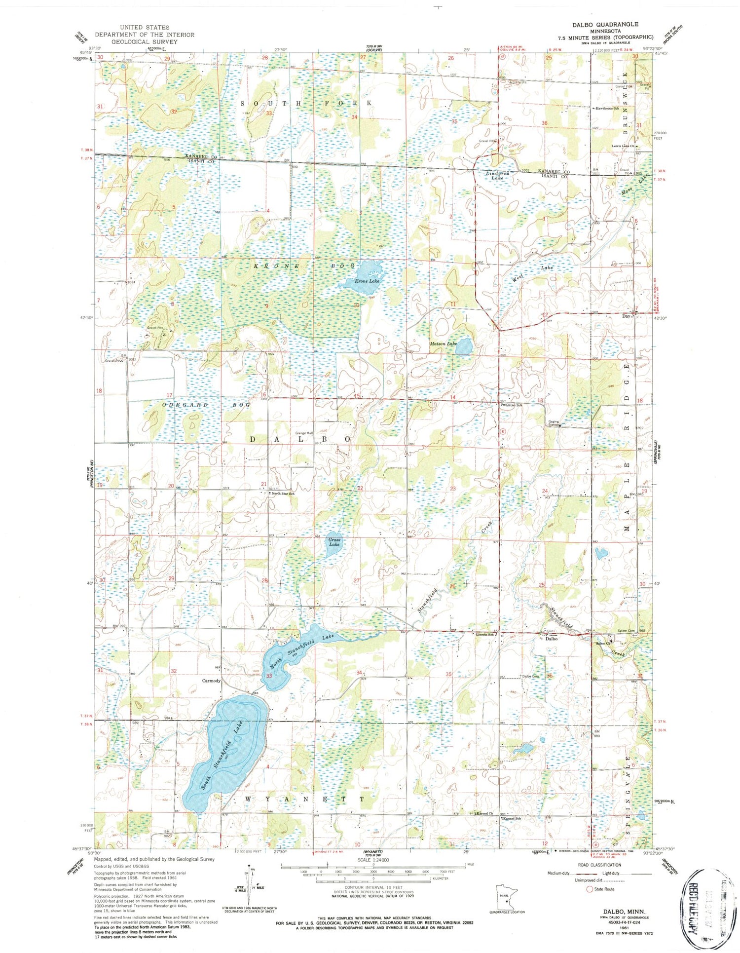 Classic USGS Dalbo Minnesota 7.5'x7.5' Topo Map Image