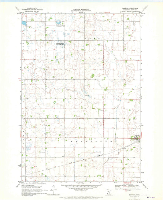 Classic USGS Danvers Minnesota 7.5'x7.5' Topo Map Image
