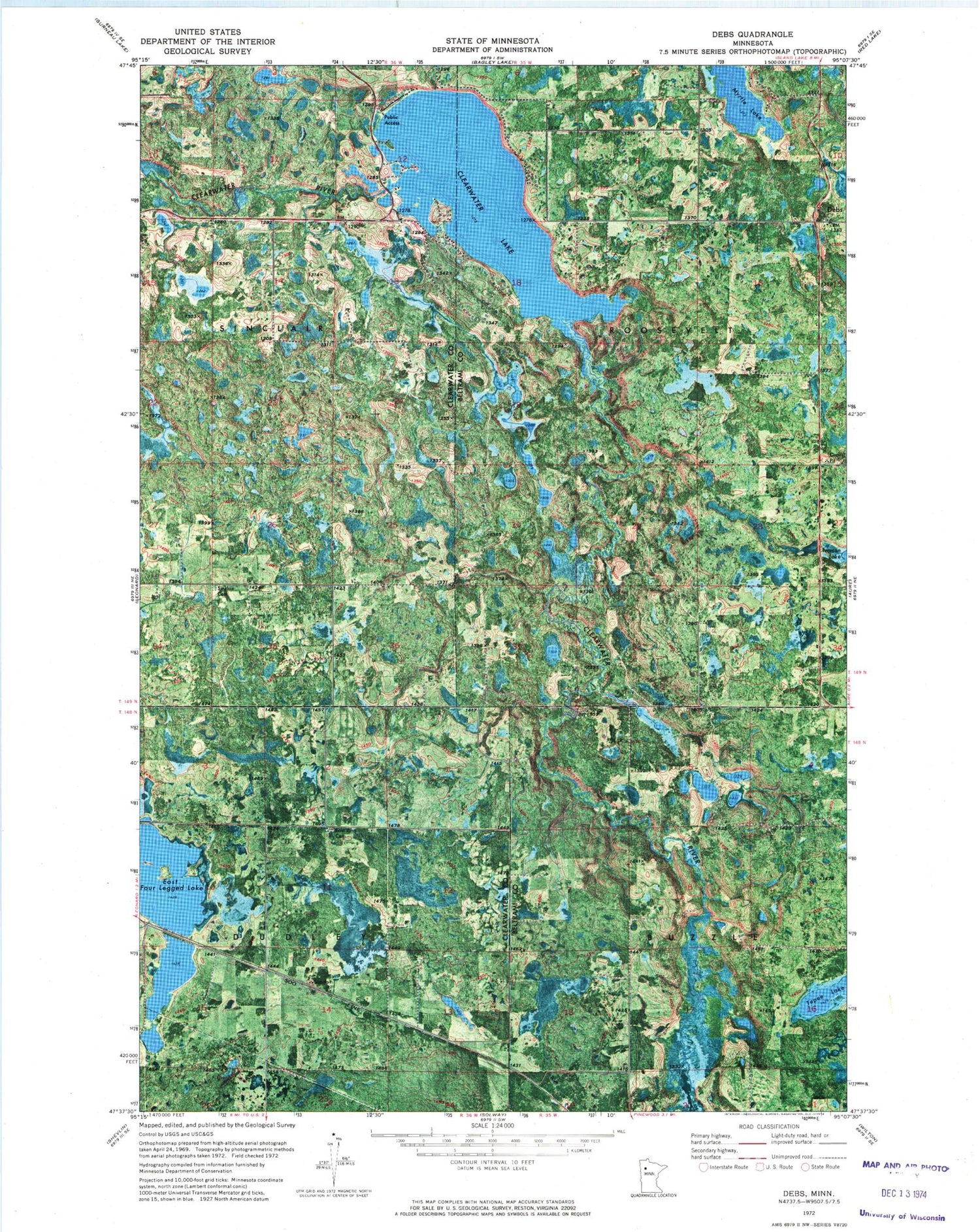Classic USGS Debs Minnesota 7.5'x7.5' Topo Map Image