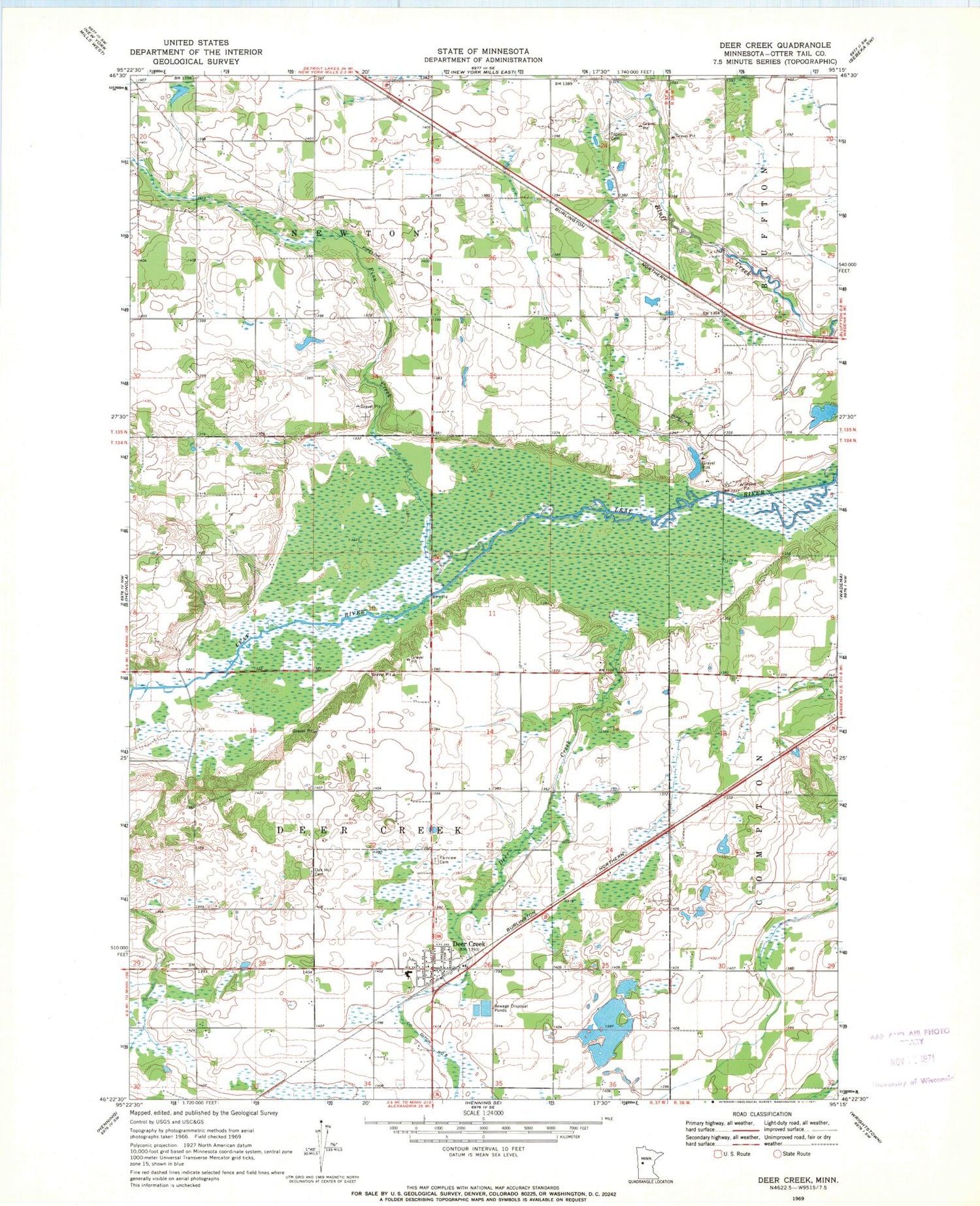 Classic USGS Deer Creek Minnesota 7.5'x7.5' Topo Map Image