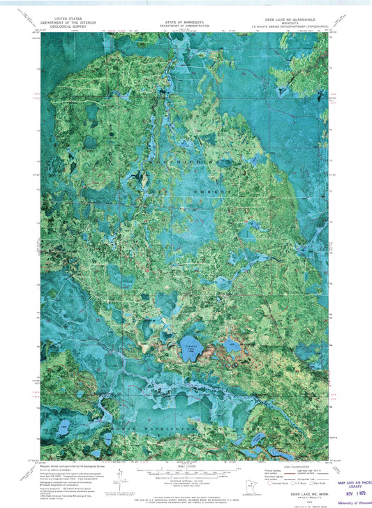 Classic USGS Deer Lake NE Minnesota 7.5'x7.5' Topo Map Image