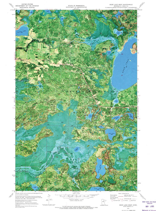 Classic USGS Deer Lake West Minnesota 7.5'x7.5' Topo Map Image