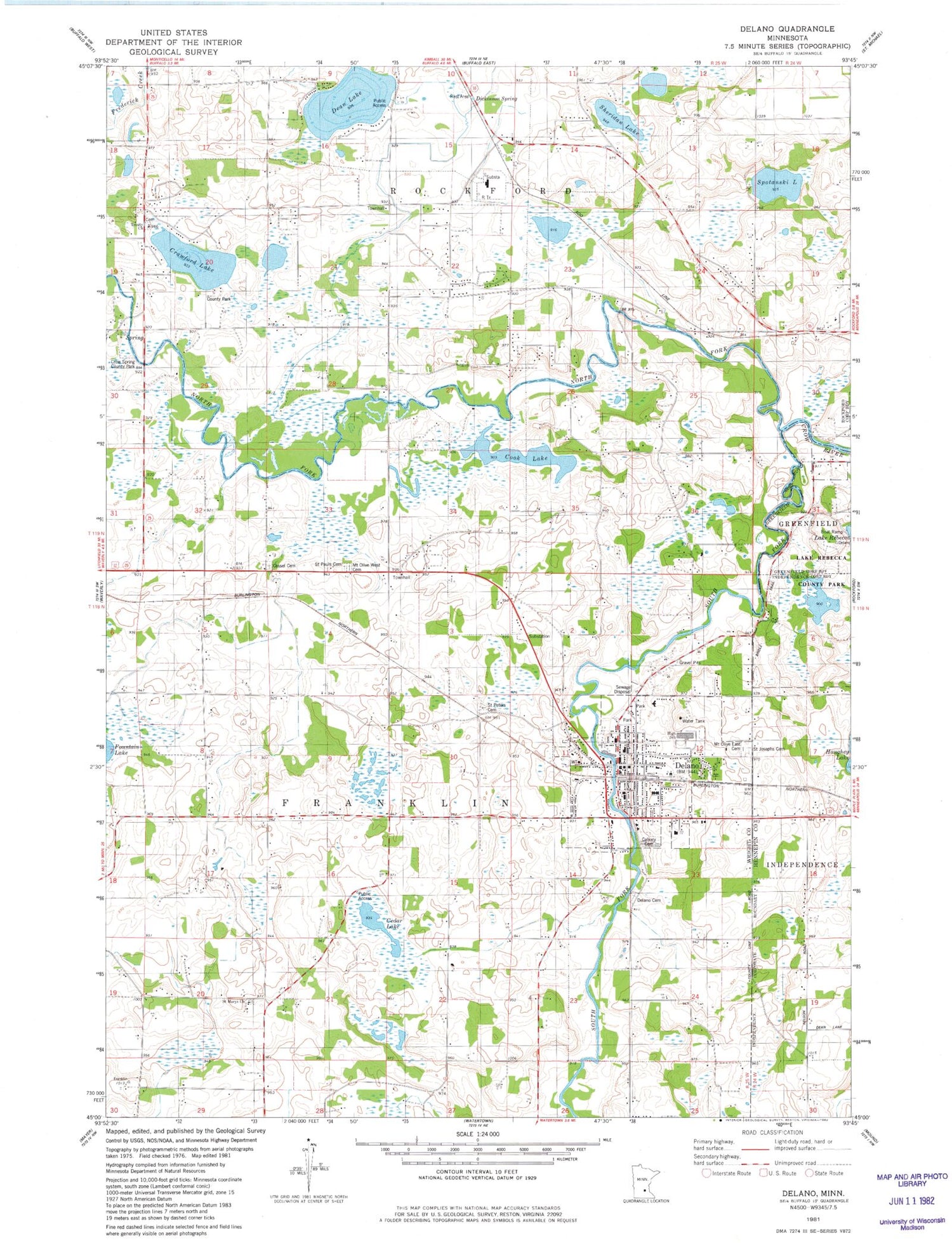 Classic USGS Delano Minnesota 7.5'x7.5' Topo Map Image