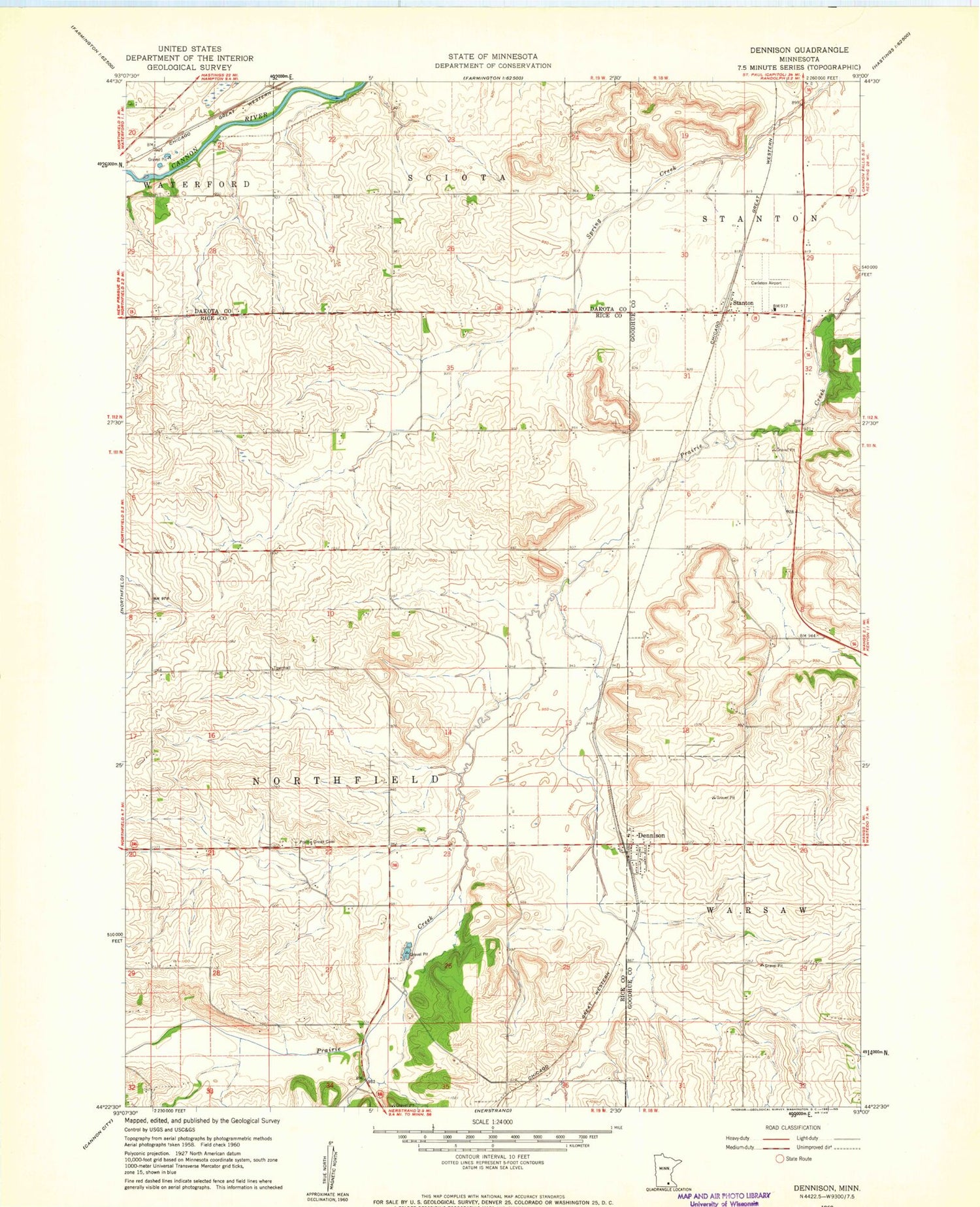 Classic USGS Dennison Minnesota 7.5'x7.5' Topo Map Image