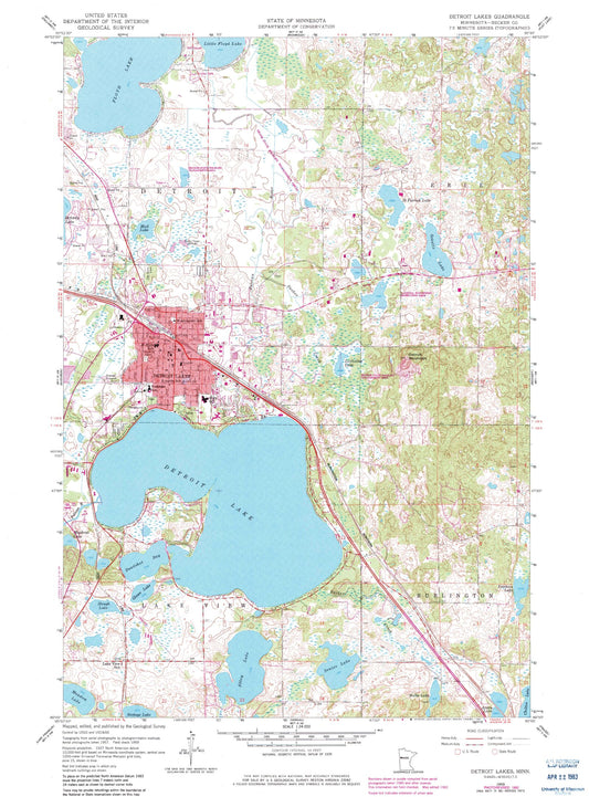 Classic USGS Detroit Lakes Minnesota 7.5'x7.5' Topo Map Image
